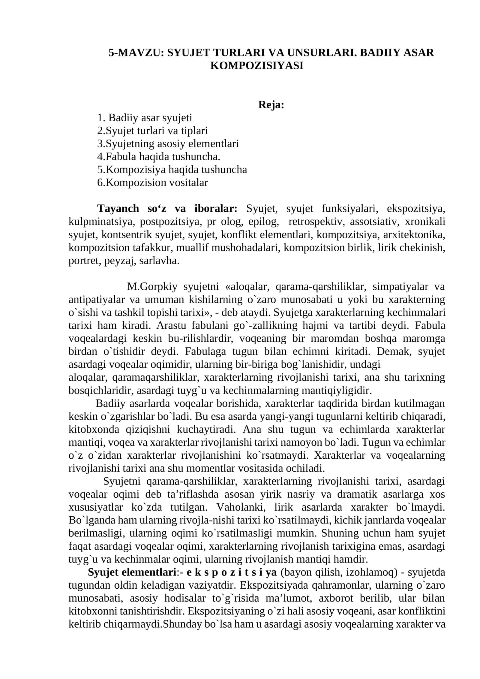 SYUJET TURLARI VA UNSURLARI. BADIIY ASAR KOMPOZISIYASI 1
