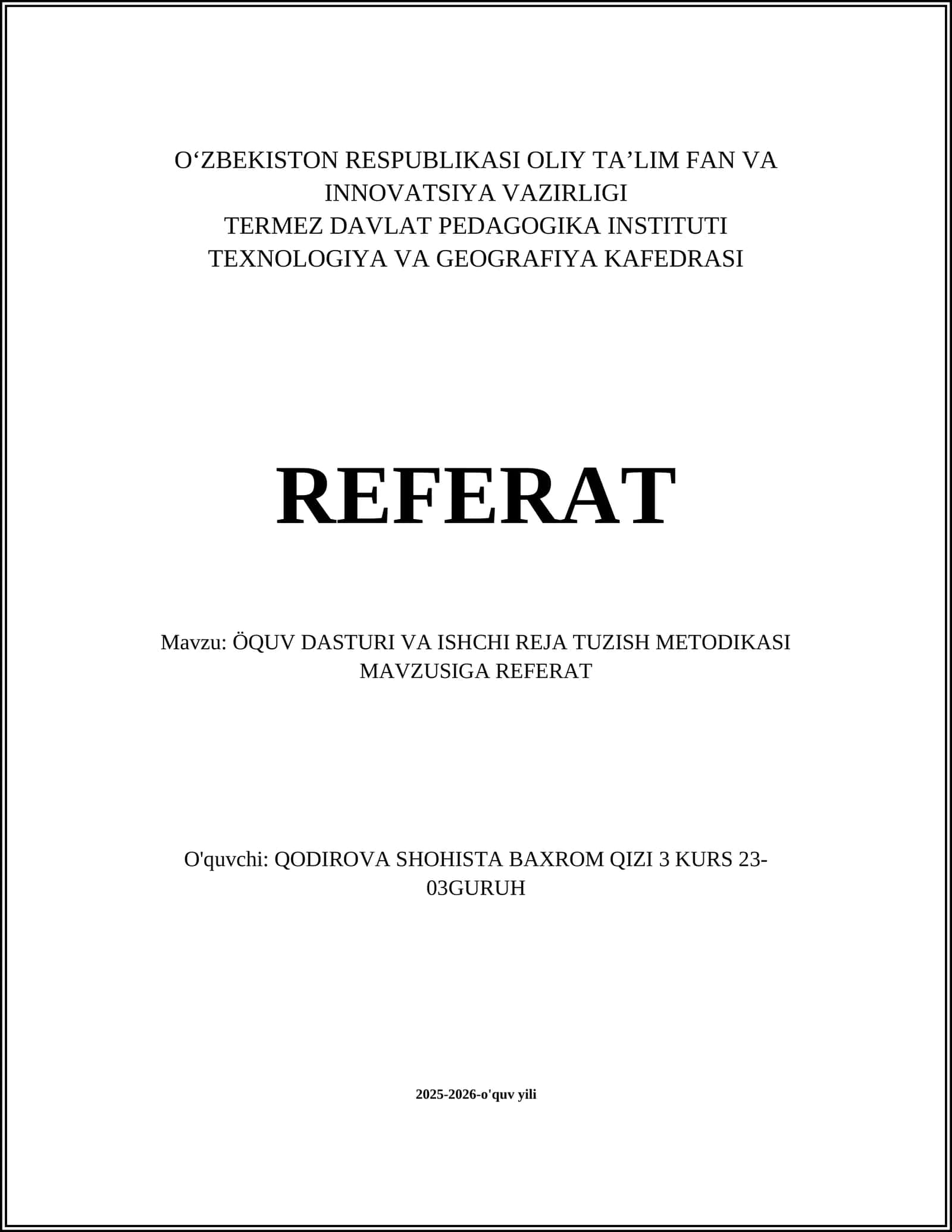 ÖQUV DASTURI VA ISHCHI REJA TUZISH METODIKASI 1
