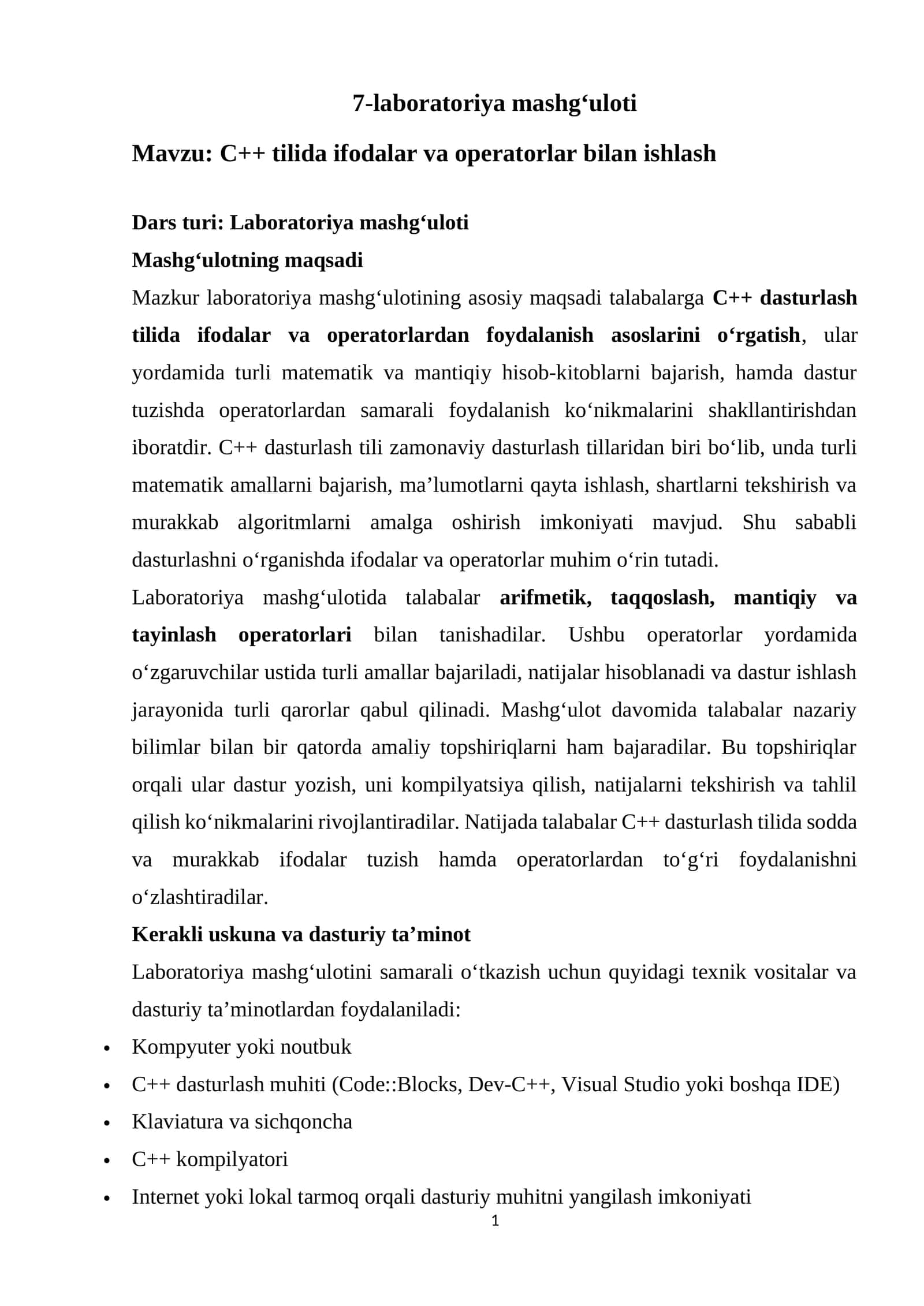 C++ tilida ifodalar va operatorlar bilan ishlash 1
