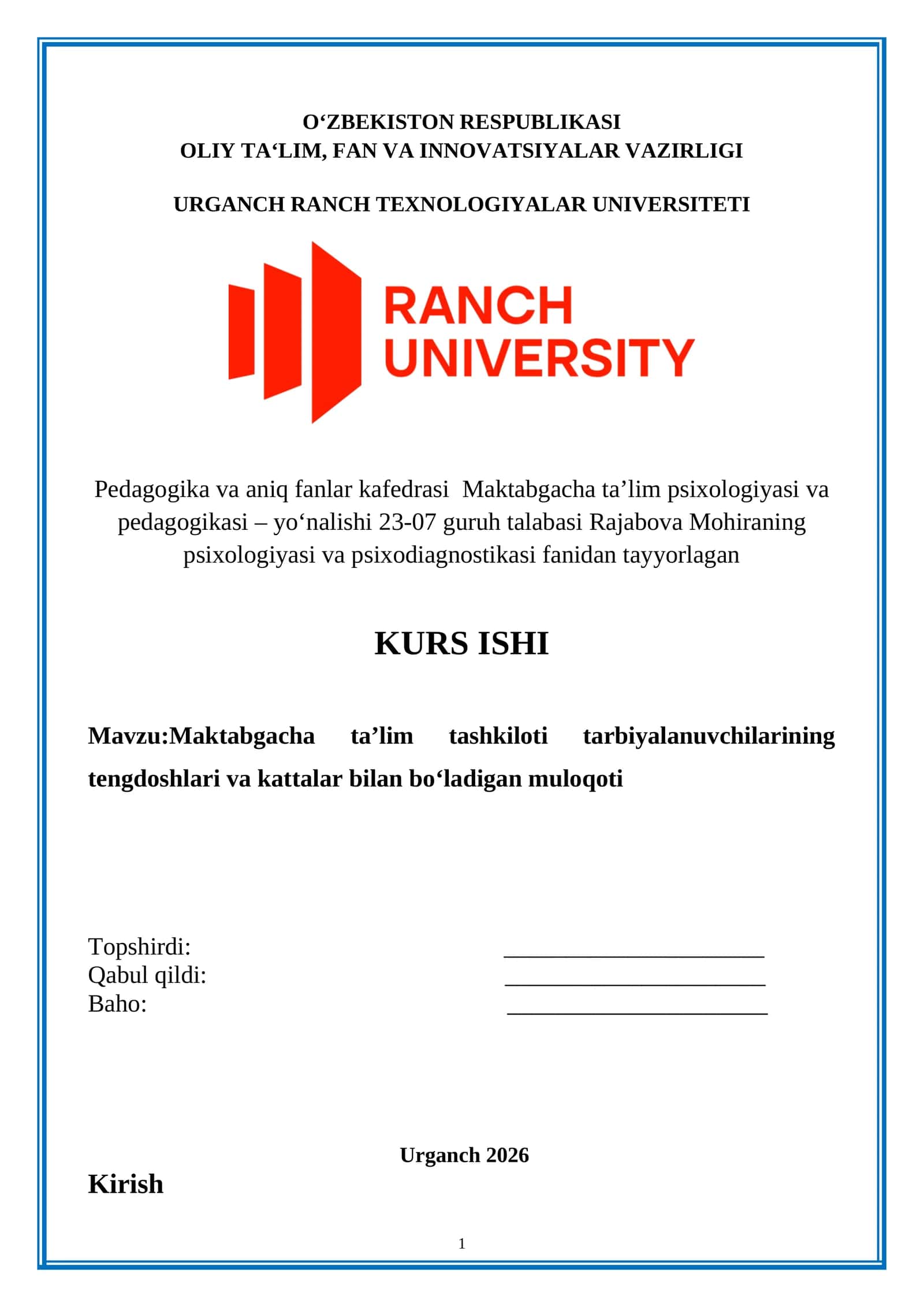 Maktabgacha taʼlim psixologiyasi va pedagogikasi KURS ISHI 1