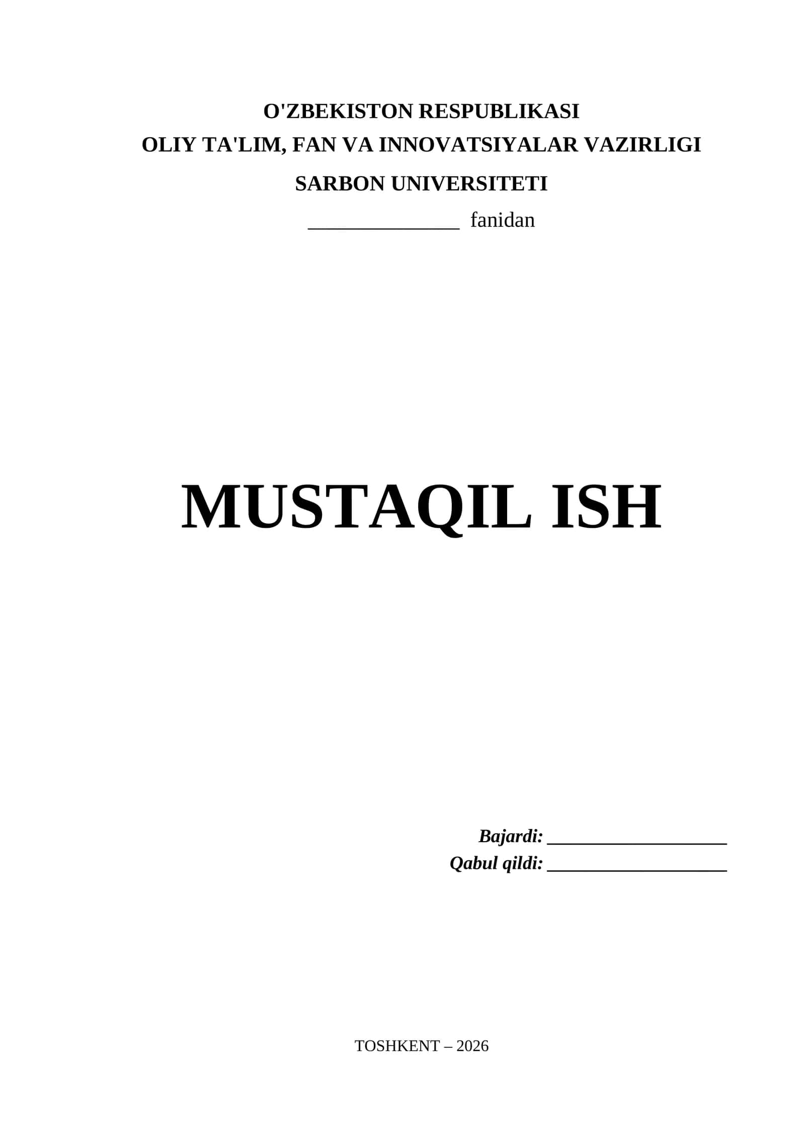 Sarbon Universiteti Mustaqil Ish Titul Varaq (.docx) 1
