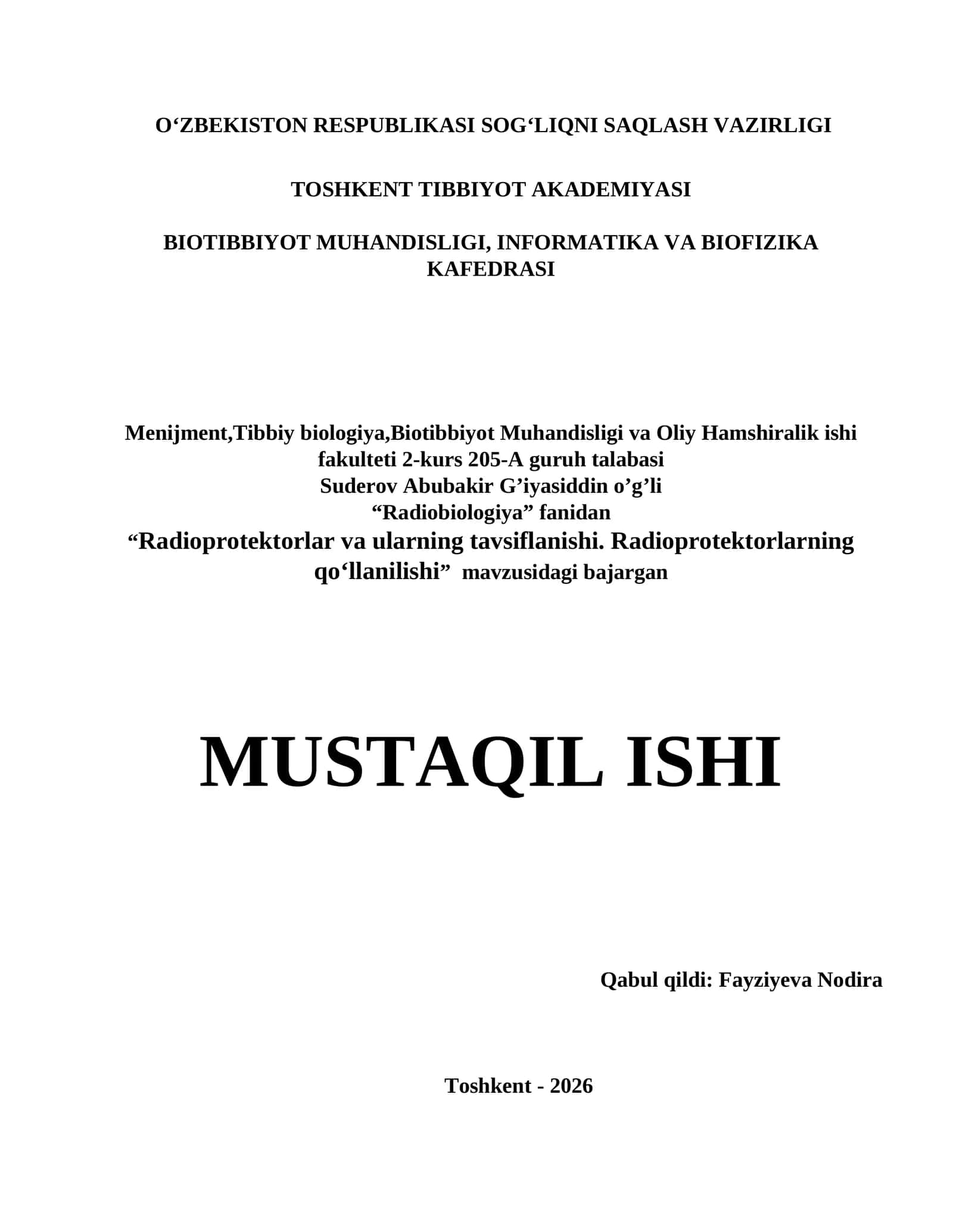 Radioprotektorlar va ularning tavsiflanishi. Radioprotektorlarning qoʻllanilishi 1
