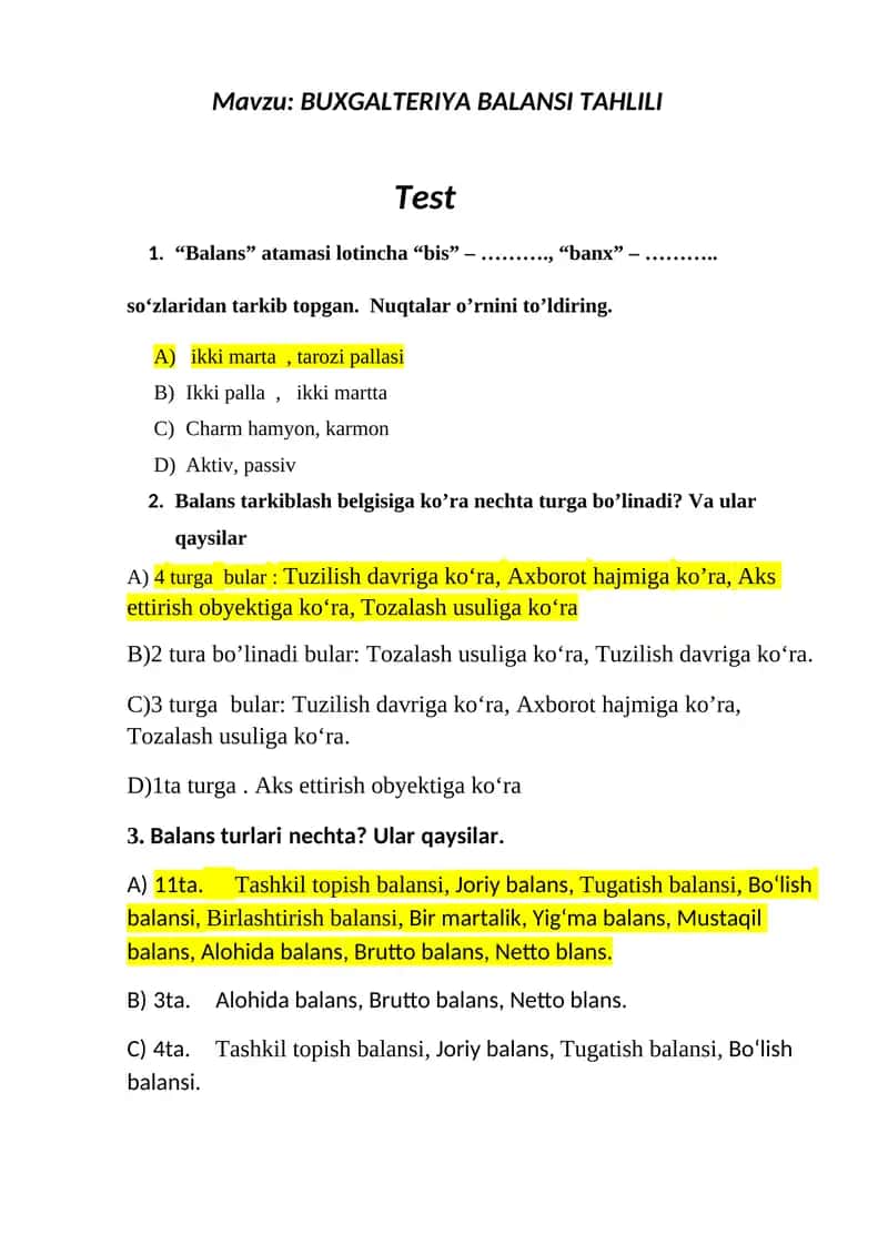 Moliyaviy tahlil test 1