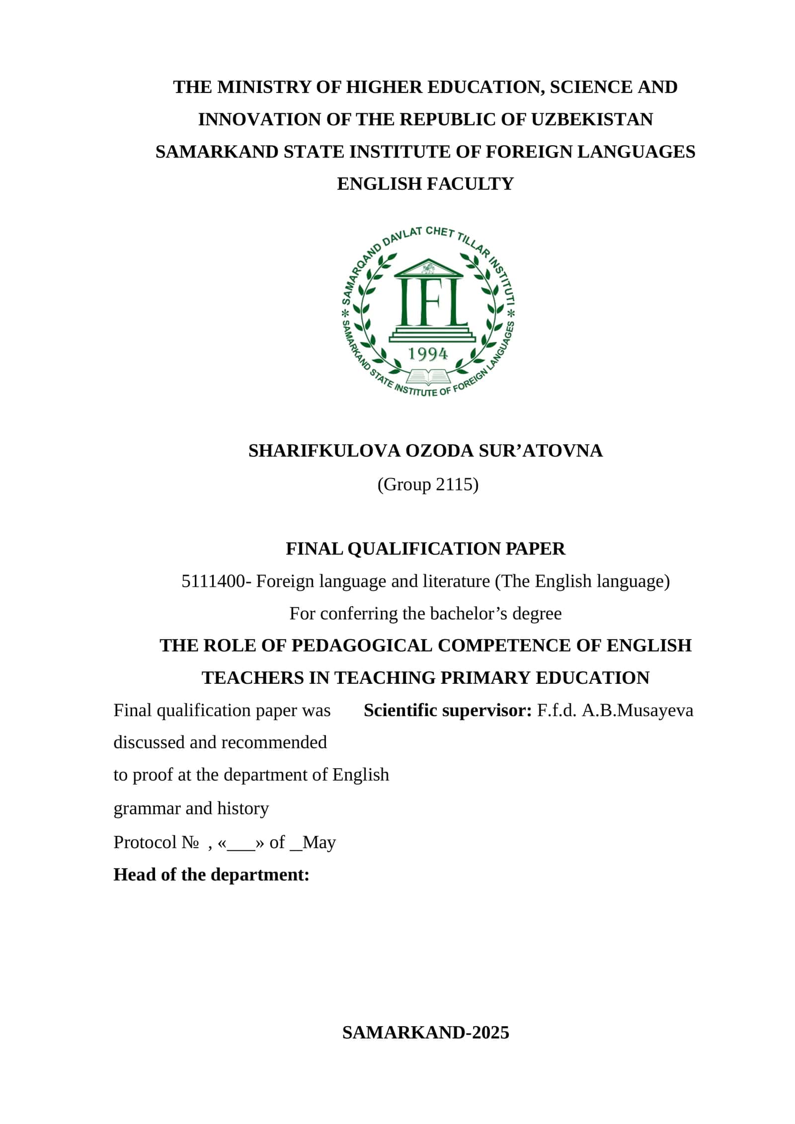 Final Qualification Paper on Pedagogical Competence of English Teachers 1