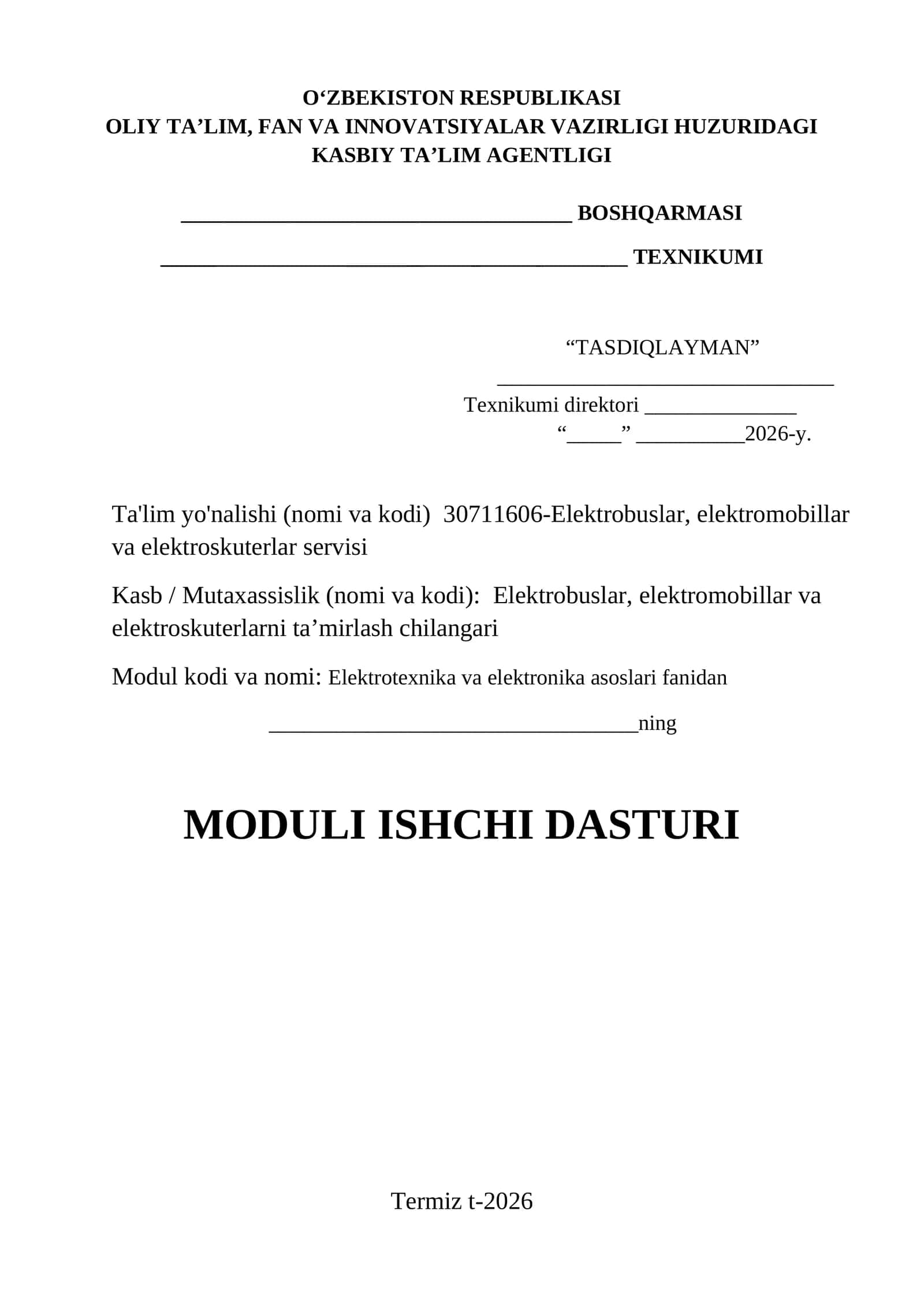 Elektrotexnika fanidan Elektrobuslar, elektromabillar .. yo'nalishi uchun  modulli ishchi dastur 1