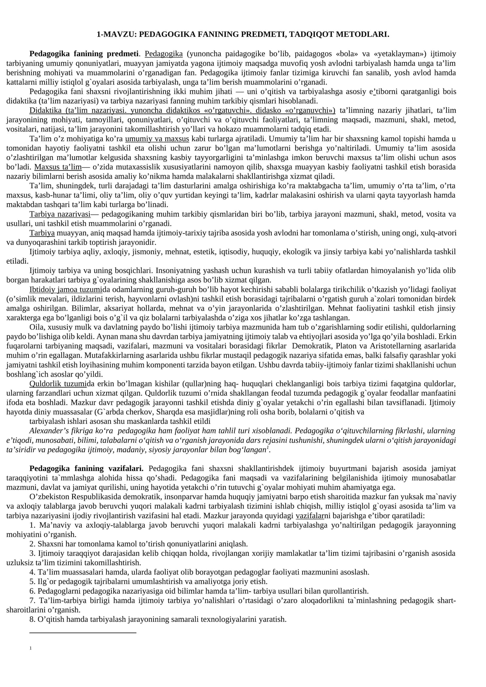 PEDAGOGIKA FANINING PREDMETI, TADQIQOT METODLARI 1