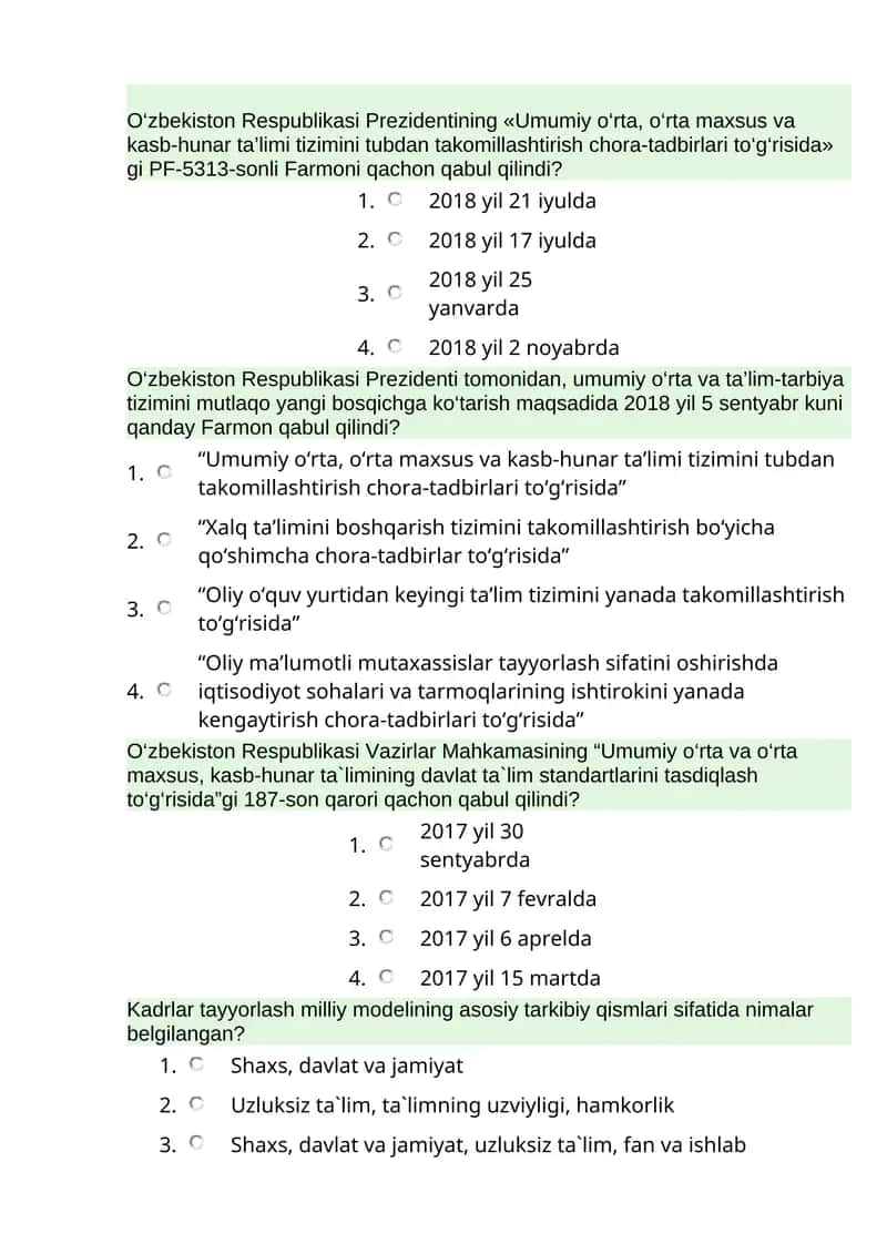 Prezidentining «Umumiy o‘rta, o‘rta maxsus va kasb-hunar ta’limi tizimini tubdan takomillashtirish chora-tadbirlari to‘g‘risida» gi PF-5313-sonli Farmoni 1
