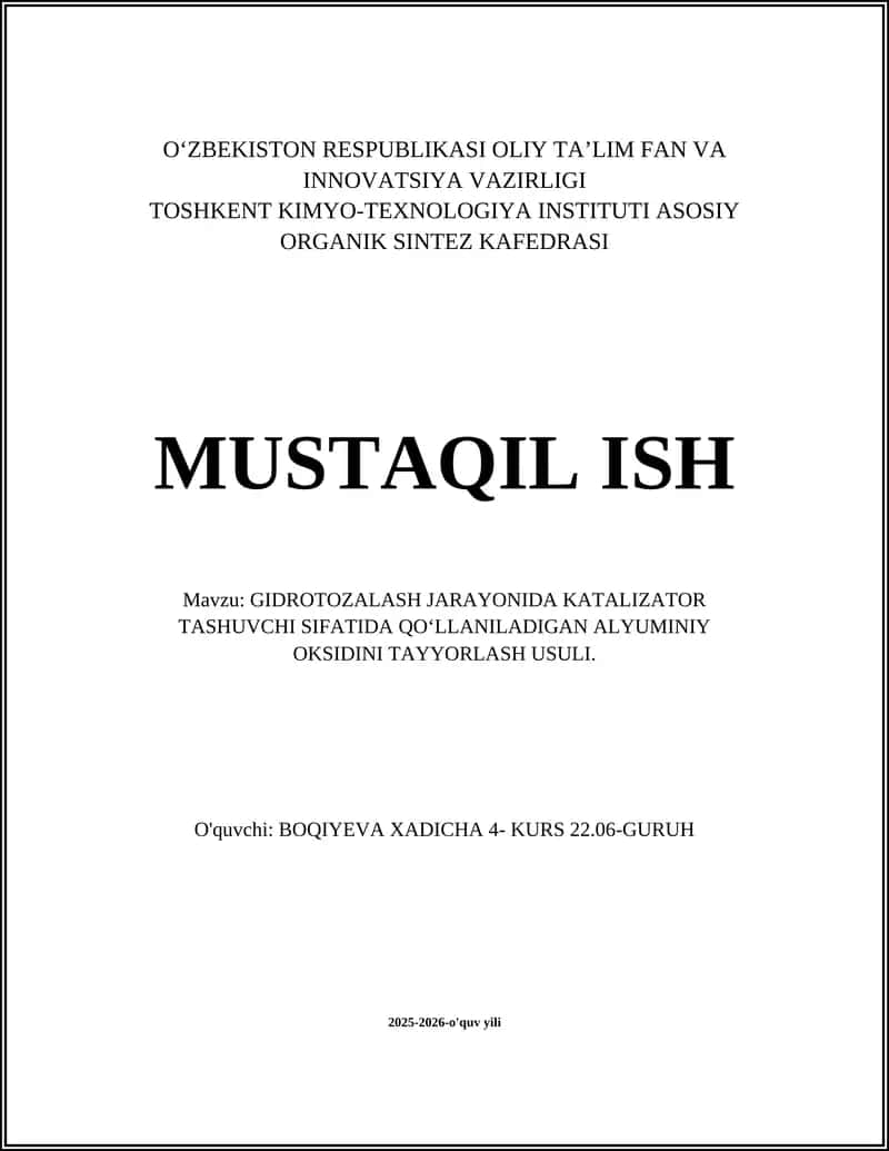 GIDROTOZALASH JARAYONIDA KATALIZATOR TASHUVCHI SIFATIDA QO‘LLANILADIGAN ALYUMINIY OKSIDINI TAYYORLASH USULI 1