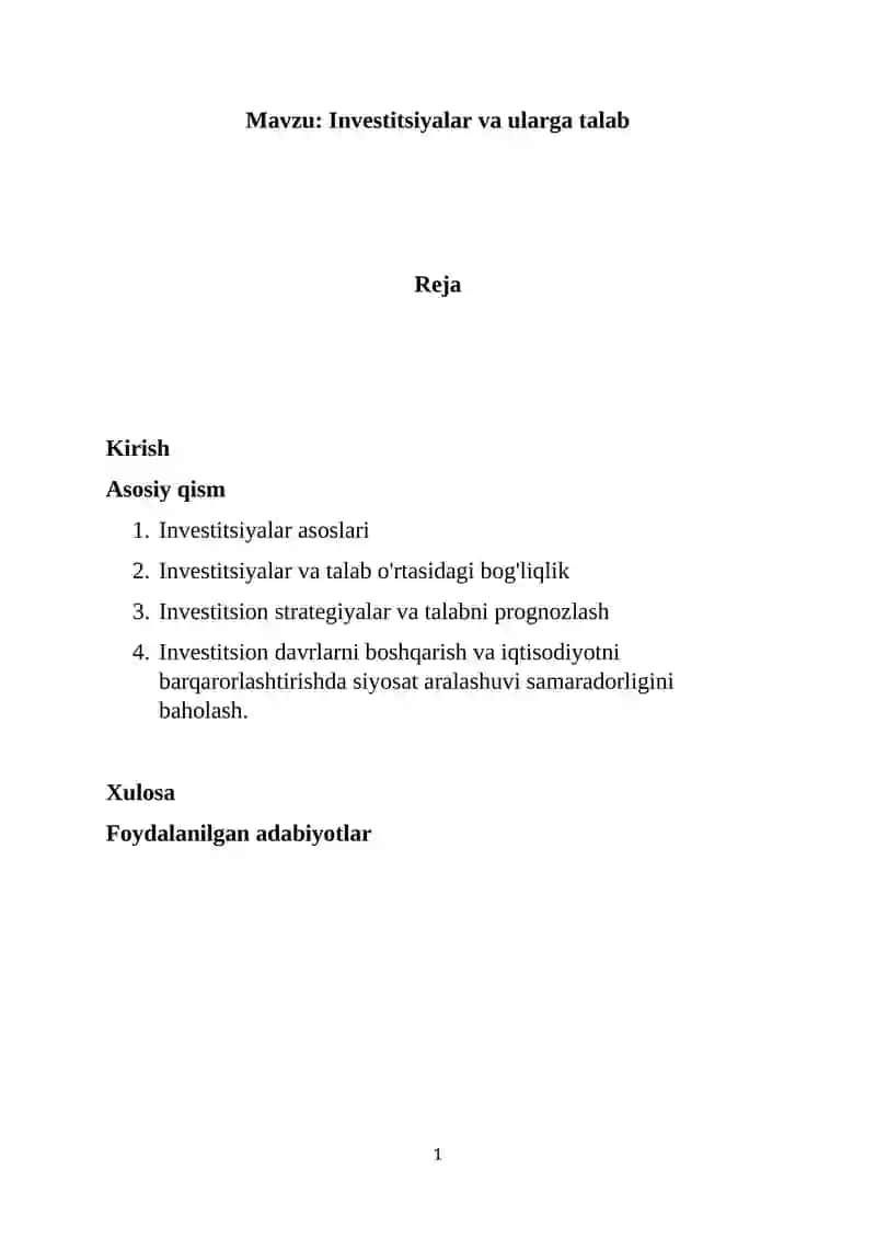 Investitsiyalar va ularga talab 1