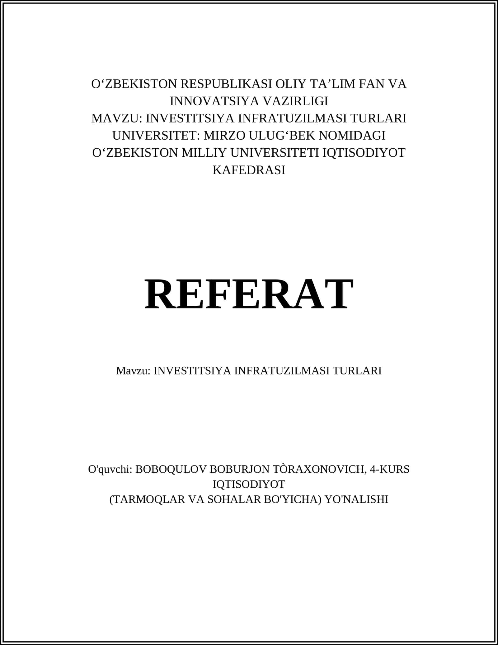 INVESTITSIYA INFRATUZILMASI TURLARI 1