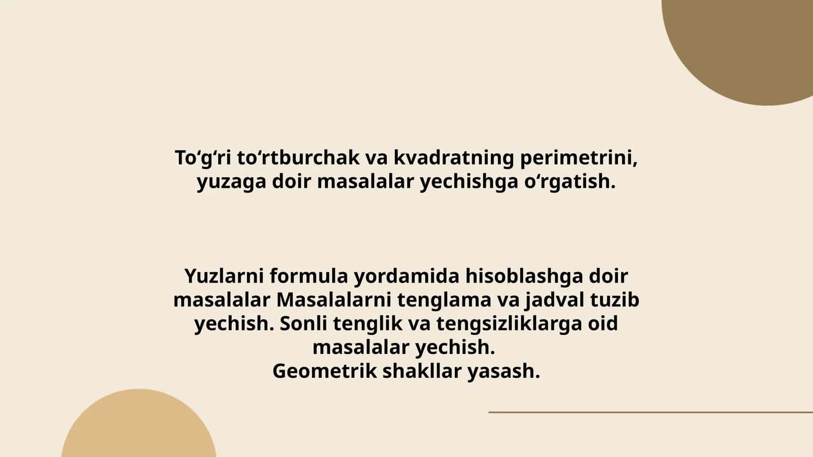 To‘g‘ri to‘rtburchak va kvadratning perimetrini, yuzaga doir masalalar yechishga o‘rgatish 1