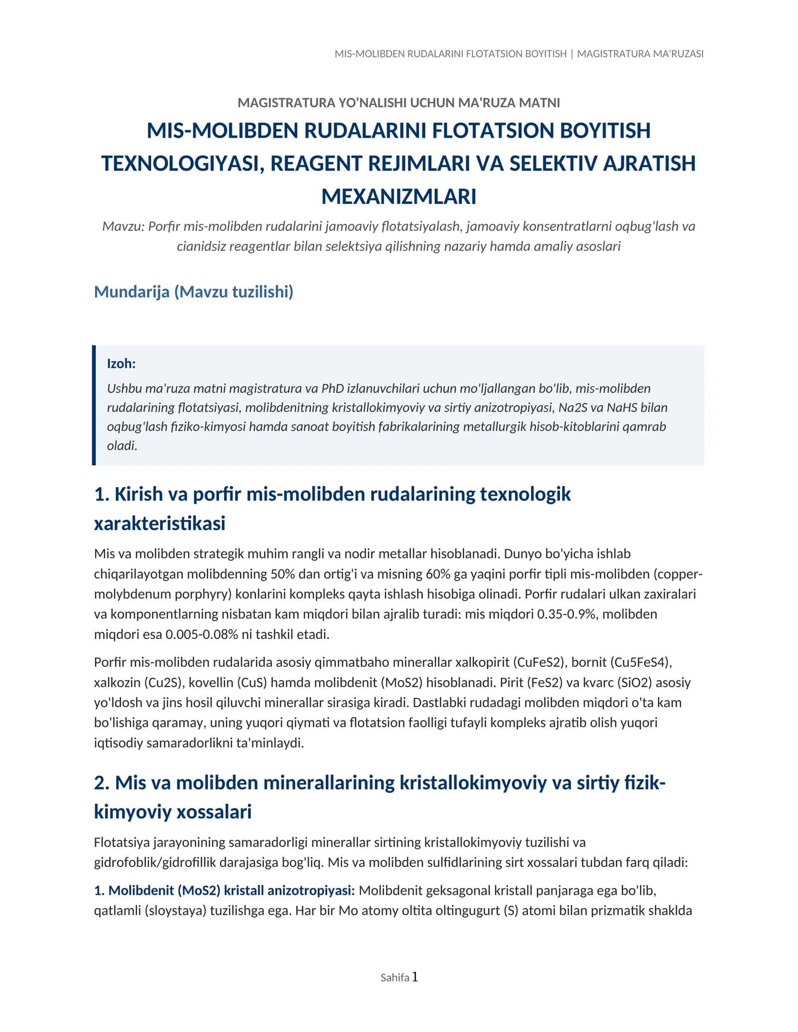 MIS-MOLIBDEN RUDALARINI FLOTATSION BOYITISH | MAGISTRATURA MA'RUZASI 1