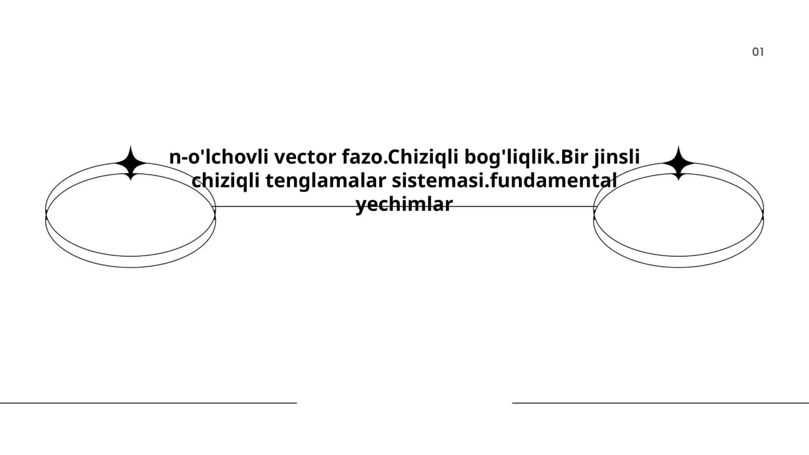 N-o'lchovli vector fazo.Chiziqli bog'liqlik.Bir jinsli chiziqli tenglamalar sistemasi.fundamental yechimlar 1