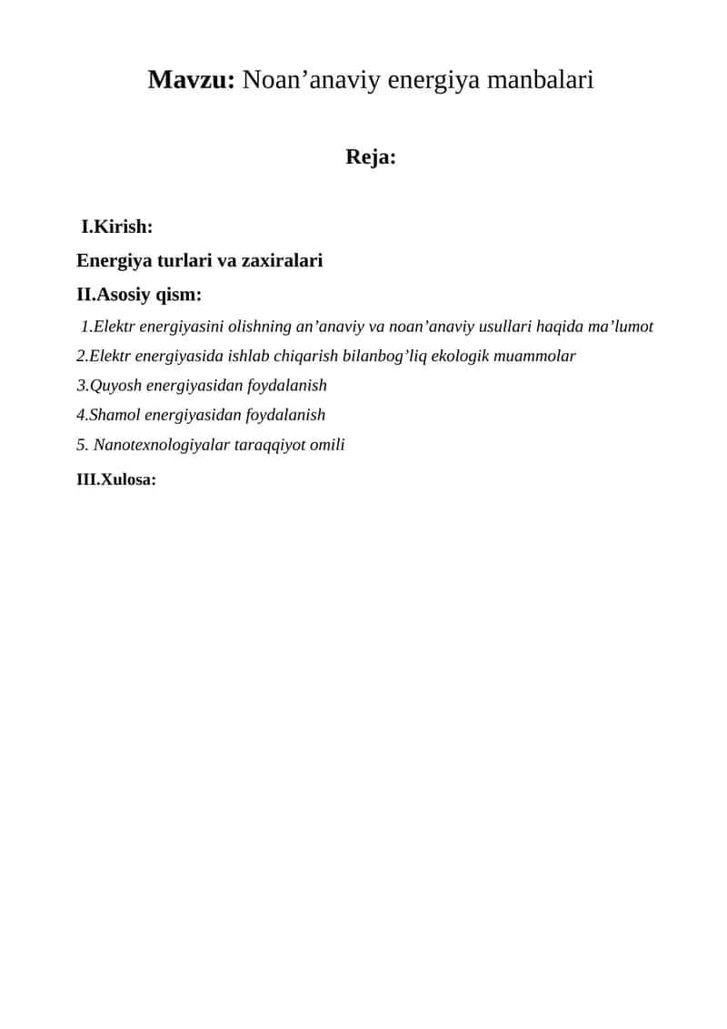 Noan’anaviy energiya manbalari kurs ishi 1