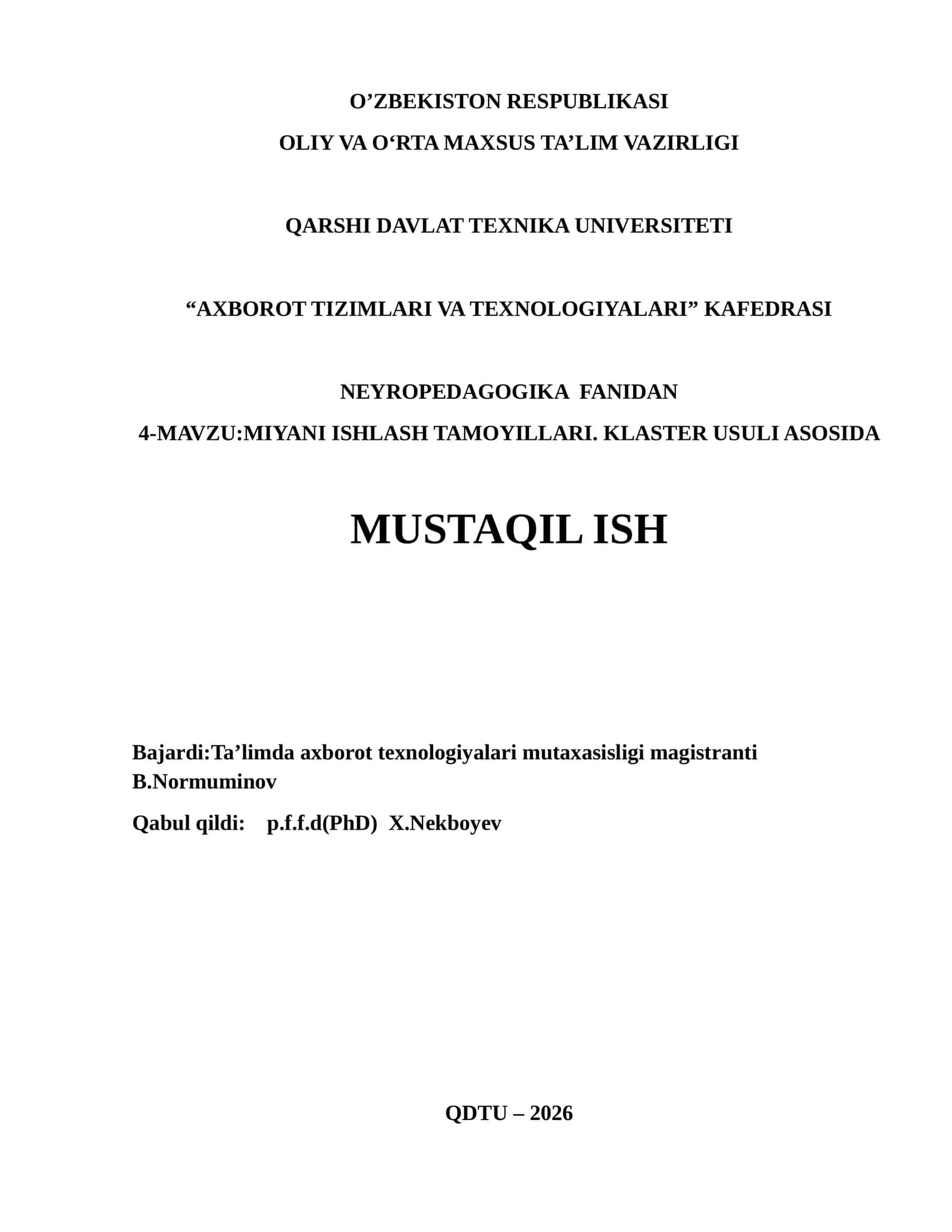 MIYANI ISHLASH TAMOYILLARI. KLASTER USULI ASOSIDA 1