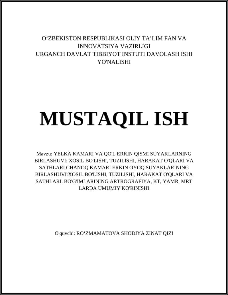 YELKA KAMARI VA QO'L ERKIN QISMI SUYAKLARNING BIRLASHUVI 1