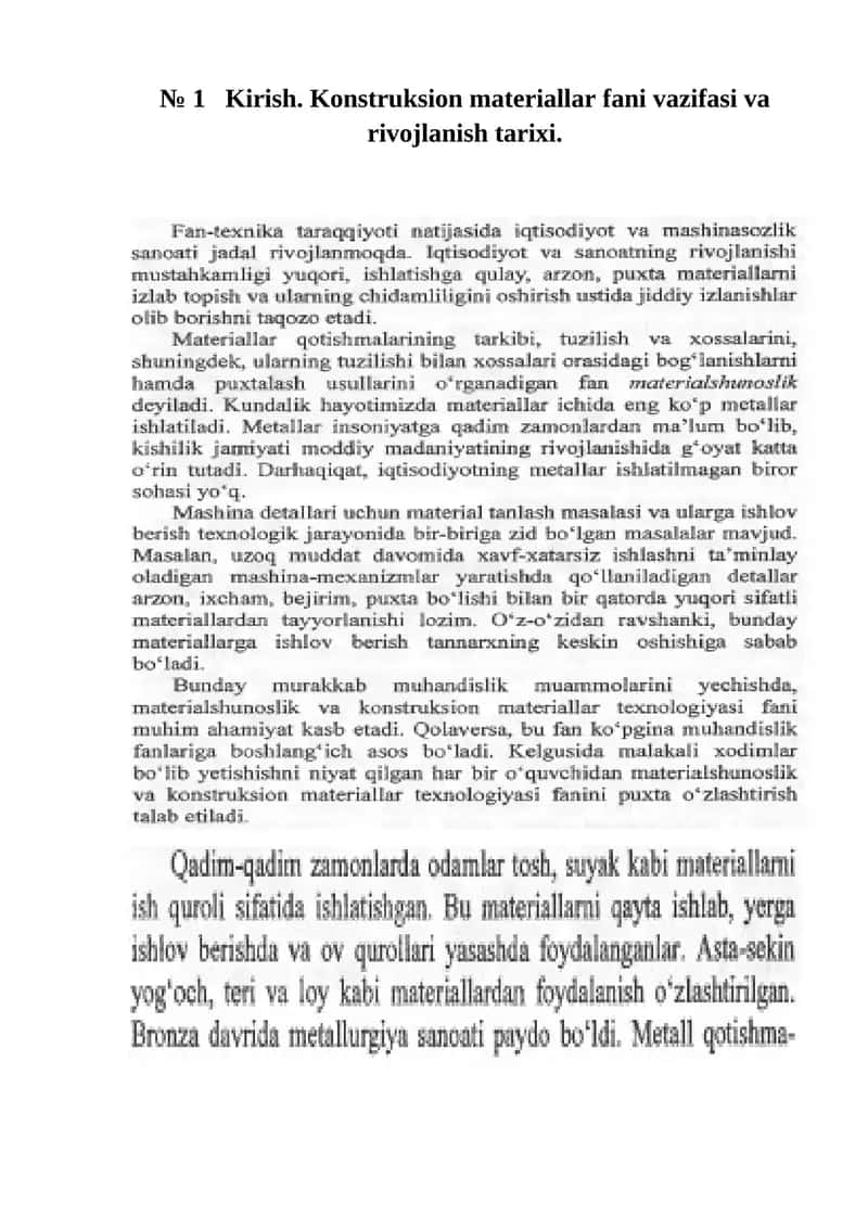 Konstruksion materiallar fani vazifasi va rivojlanish tarixi 1