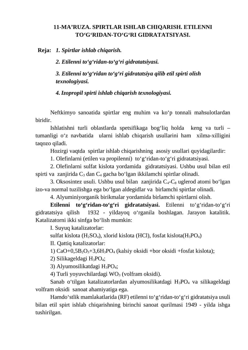 Etilenni to‘g‘ridan-to‘g‘ri gidratatsiyasi 1