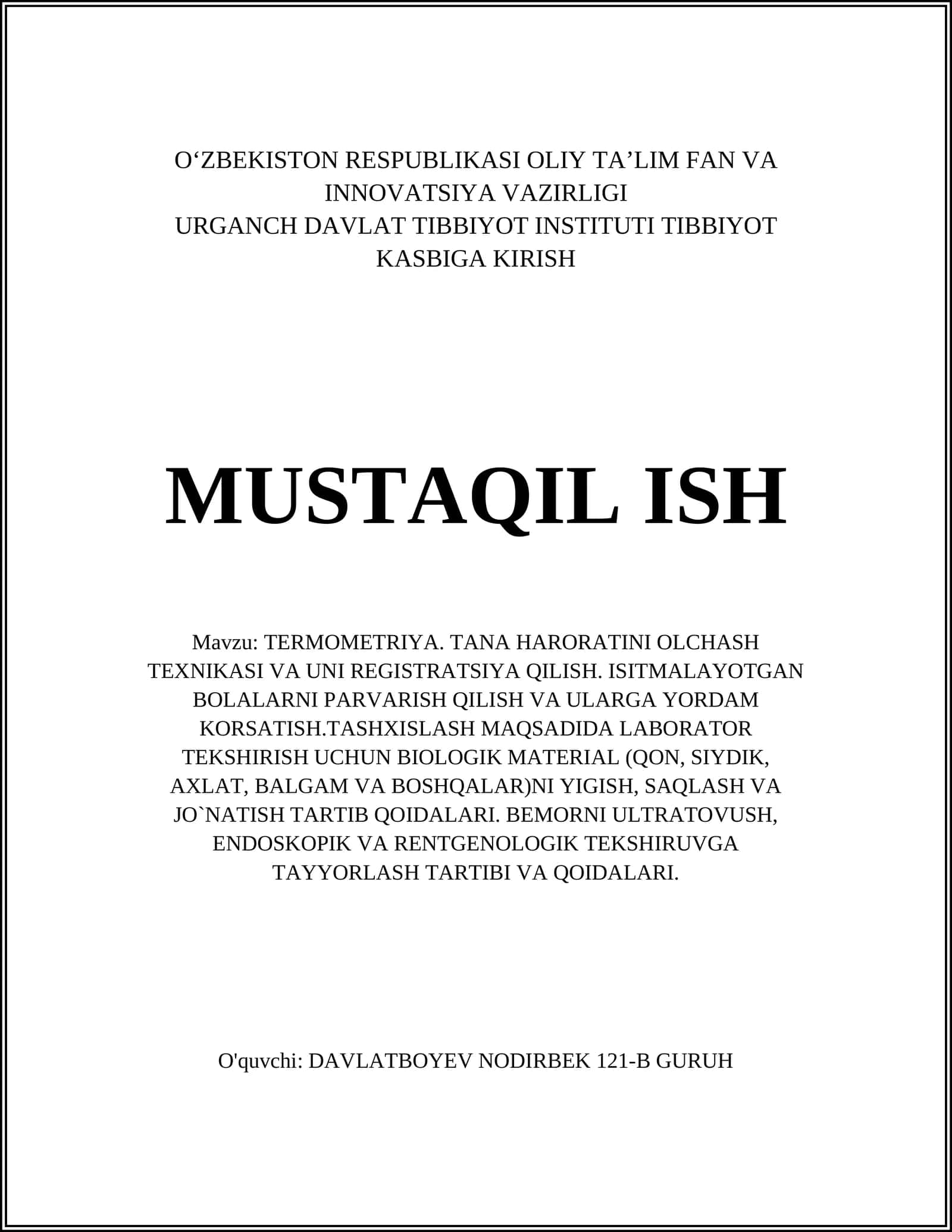 TERMOMETRIYA. TANA HARORATINI OLCHASH TEXNIKASI VA UNI REGISTRATSIYA QILISH 1