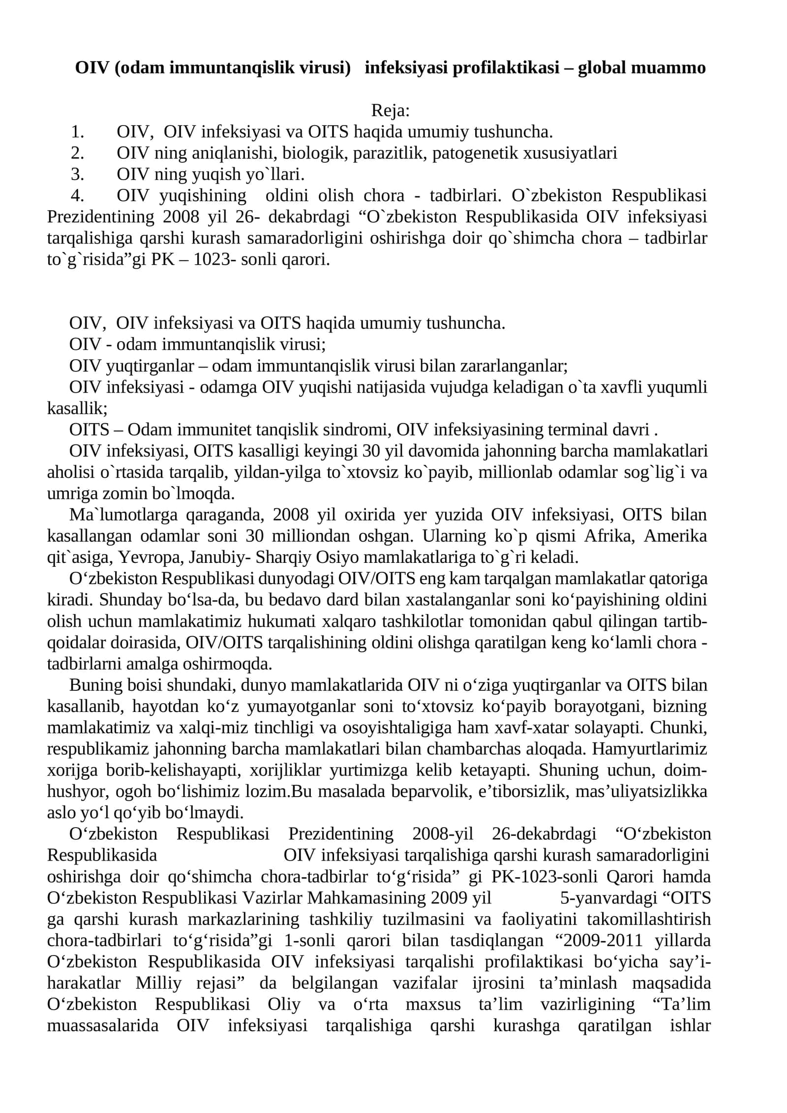 OIV (odam immuntanqislik virusi) infeksiyasi profilaktikasi – global muammo 1