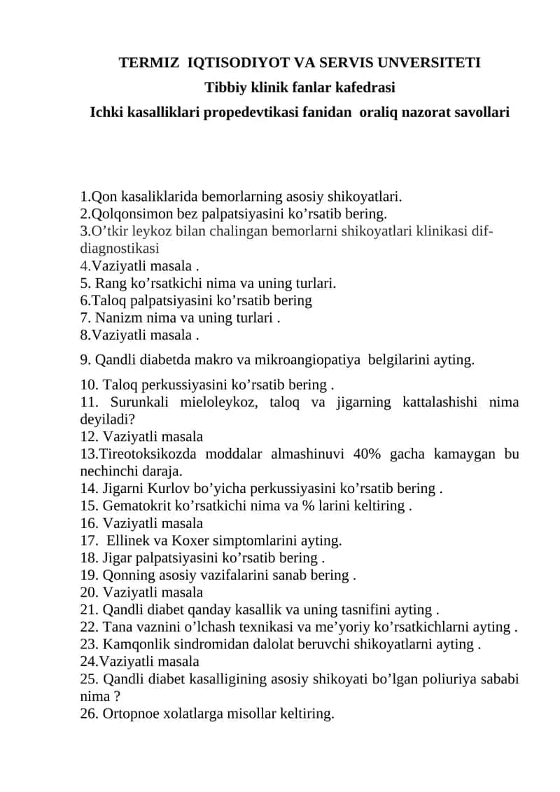 Ichki kasalliklari propedevtikasi fanidan oraliq nazorat savollari 1