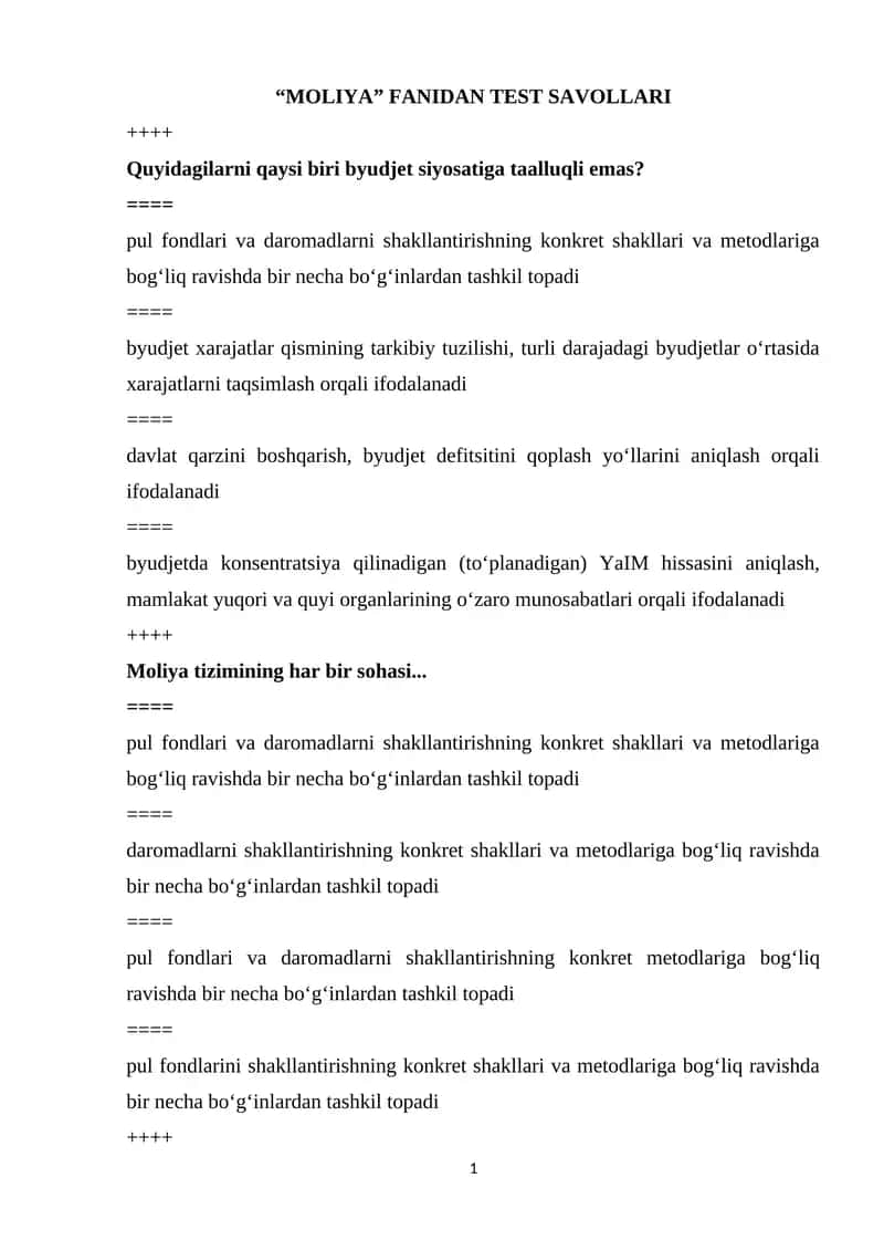 “MOLIYA” FANIDAN TEST SAVOLLARI 1
