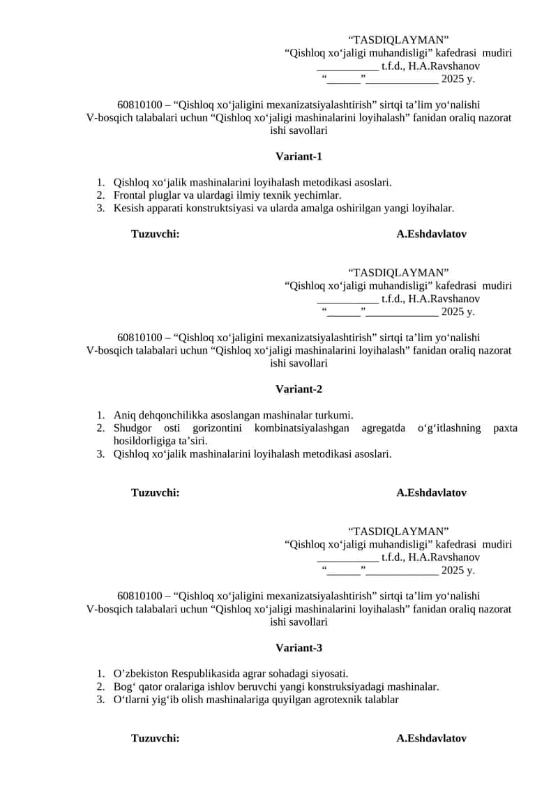Qishloq xo‘jaligi mashinalarini loyihalash nazorati 1