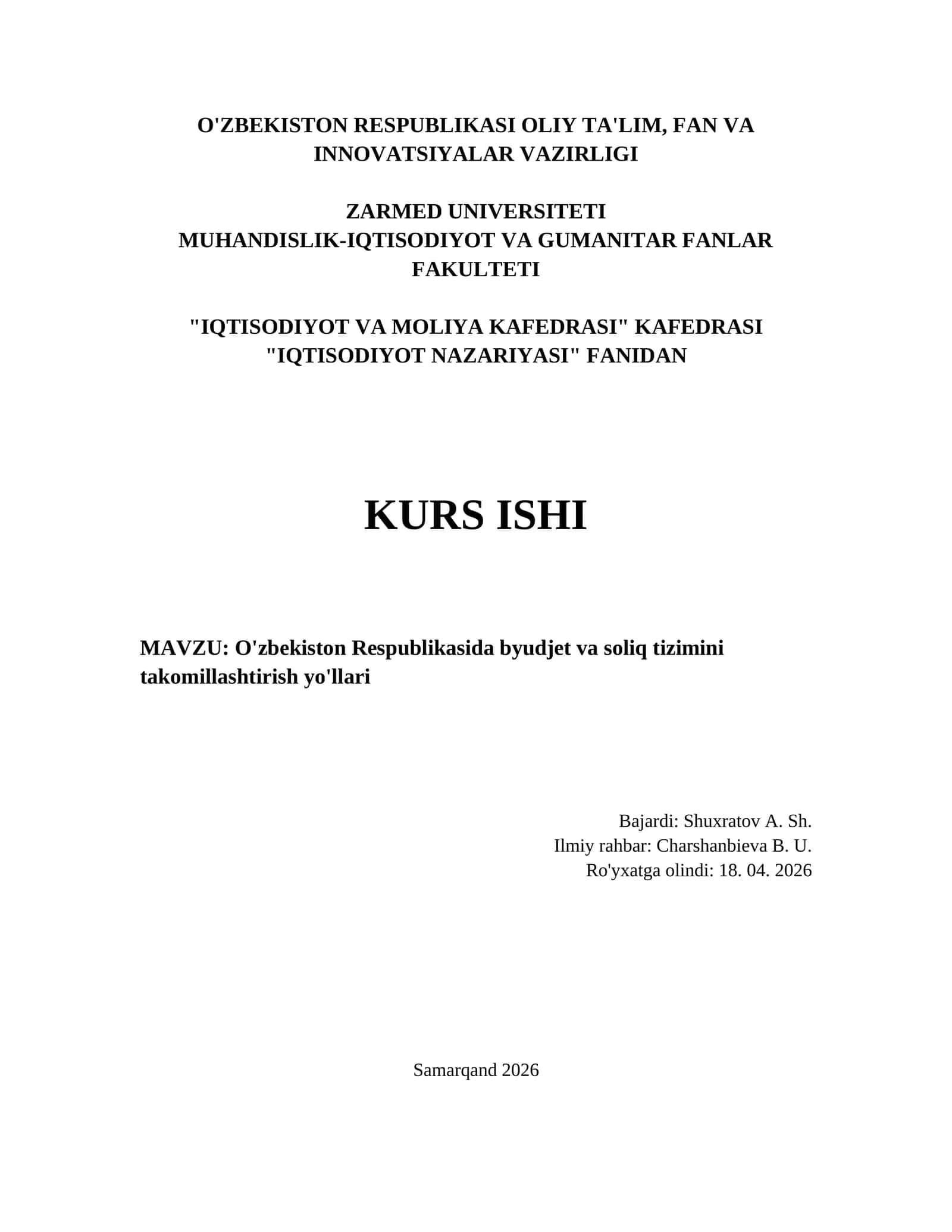 O'zbekiston Respublikasida byudjet va soliq tizimini takomillashtirish yo'llari 1