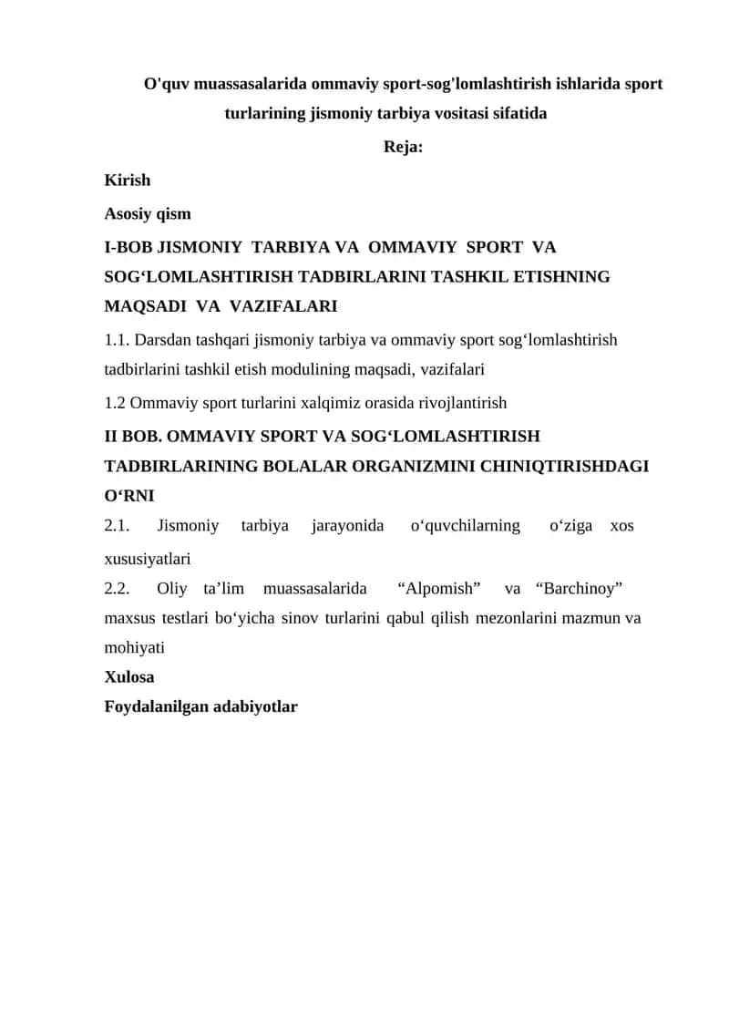 Ommaviy sport va jismoniy tarbiya nazorat ishlari 1