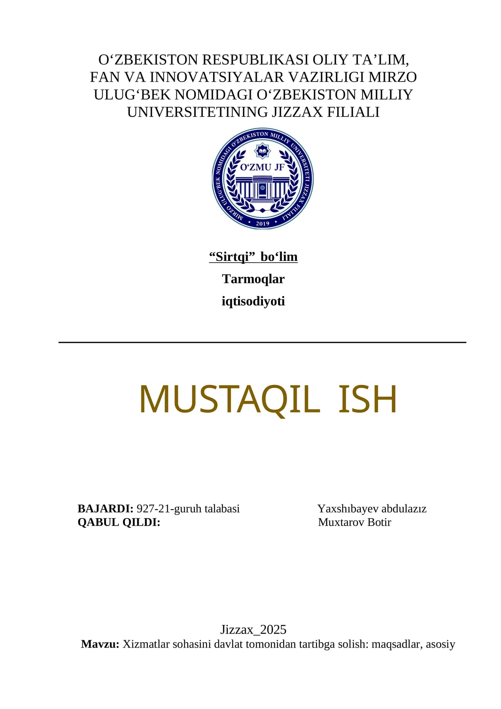 Xizmatlar sohasini davlat tomonidan tartibga solish: maqsadlar, asosiy yoʻnalishlar, muammolar 1