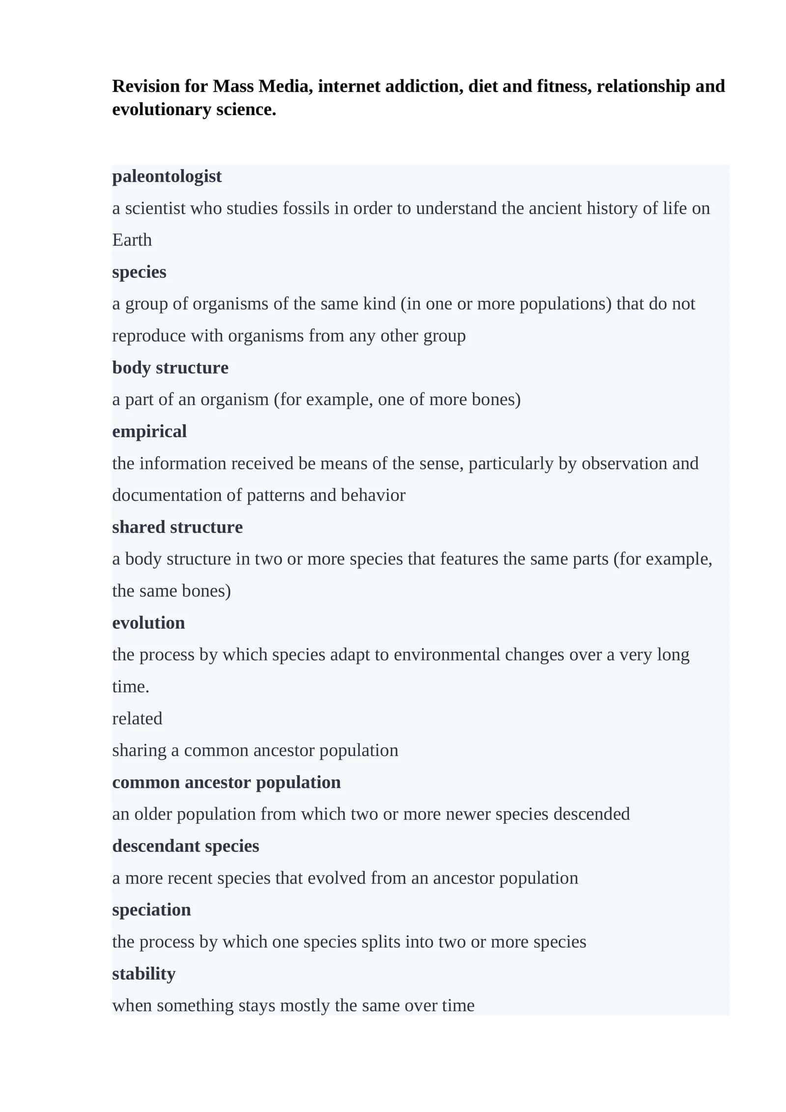 Evolutionary Science Revision 1