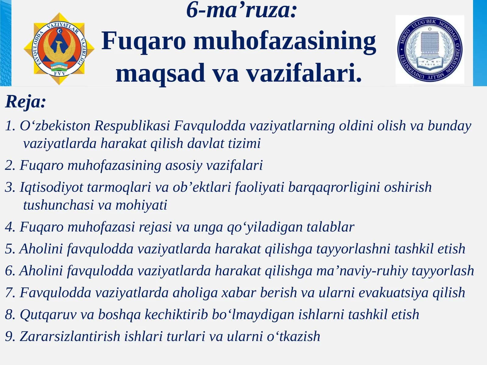 O‘zbekiston Respublikasi Favquloddavaziyatlarning Oldini Olish Vaziyatlarda Harakat Qilish Davlat Tizimi 1