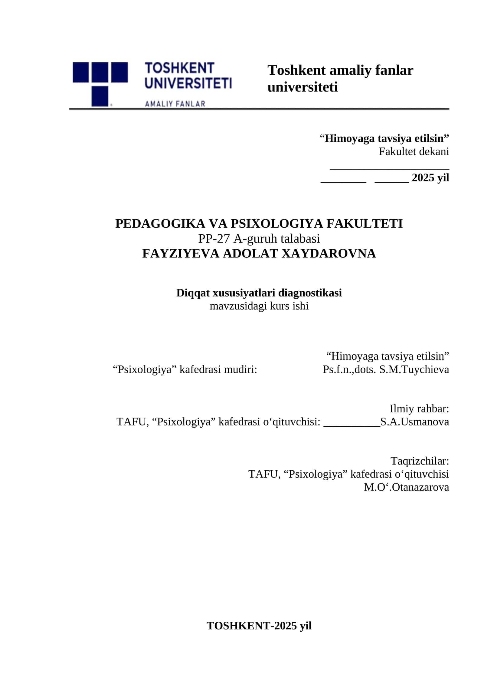 Diqqat xususiyatlari diagnostikasi mavzusidagi kurs ishi 1