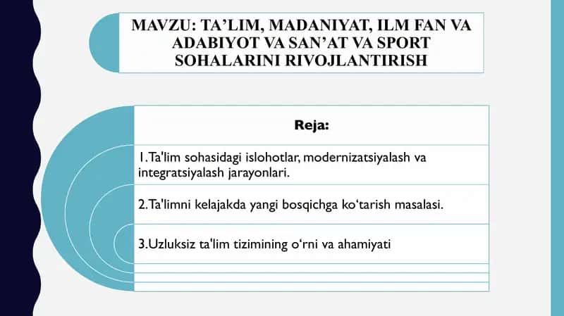 TAʼLIM, MADANIYAT, ILM FAN VA ADABIYOT VA SAN’AT VA SPORT SOHALARINI RIVOJLANTIRISH 1