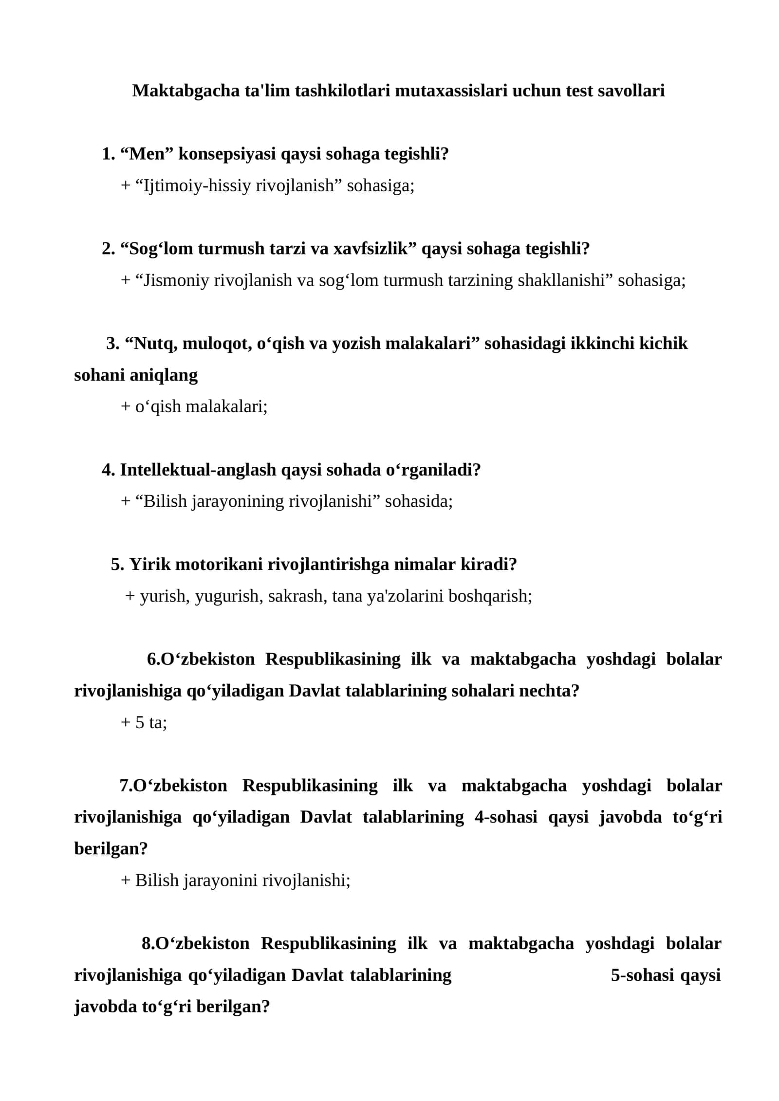 Maktabgacha ta’lim attestatsiyasi uchun 200 ta test javoblari bilan 1