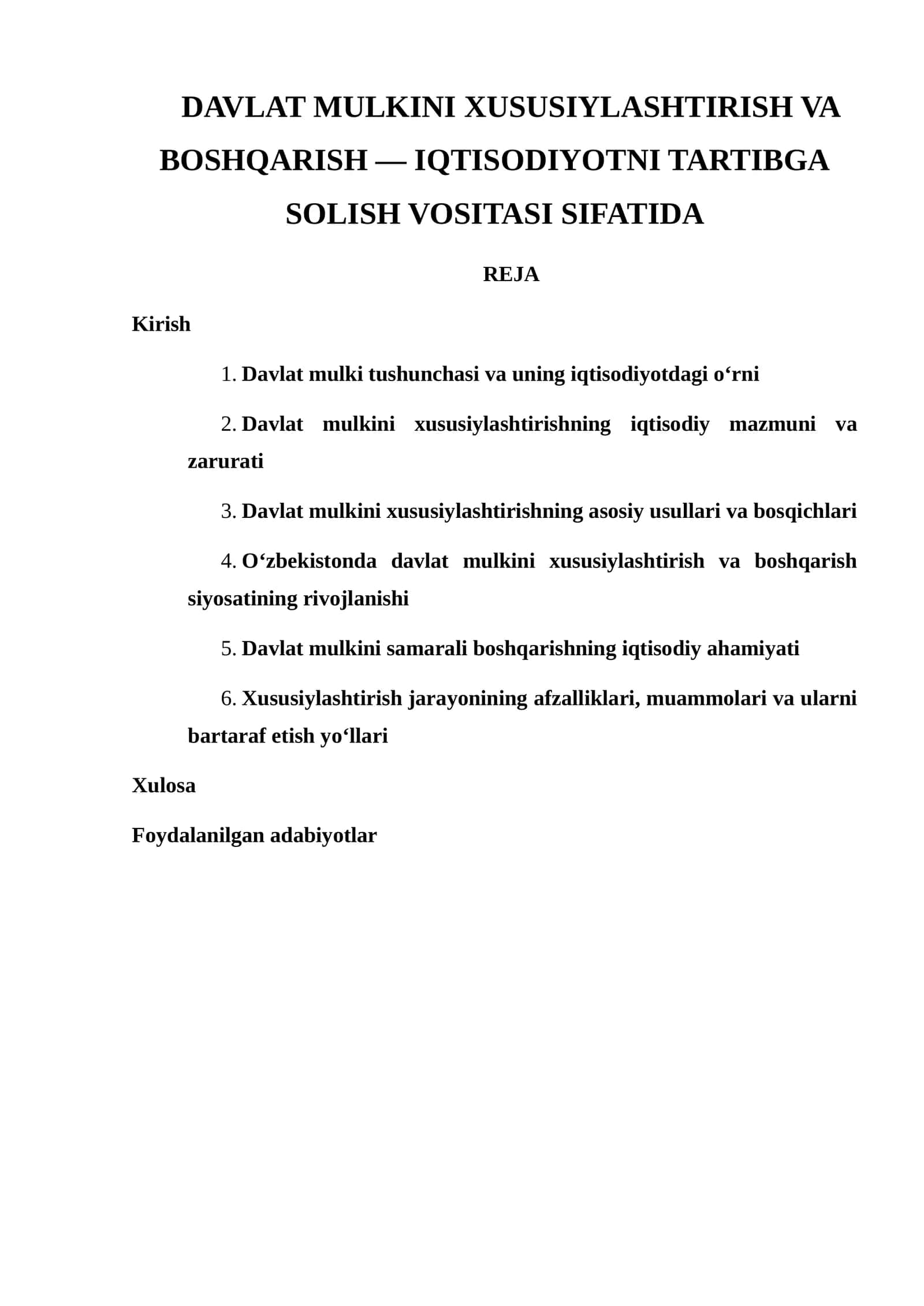 DAVLAT MULKINI XUSUSIYLASHTIRISH VA BOSHQARISH — IQTISODIYOTNI TARTIBGA SOLISH VOSITASI SIFATIDA 1