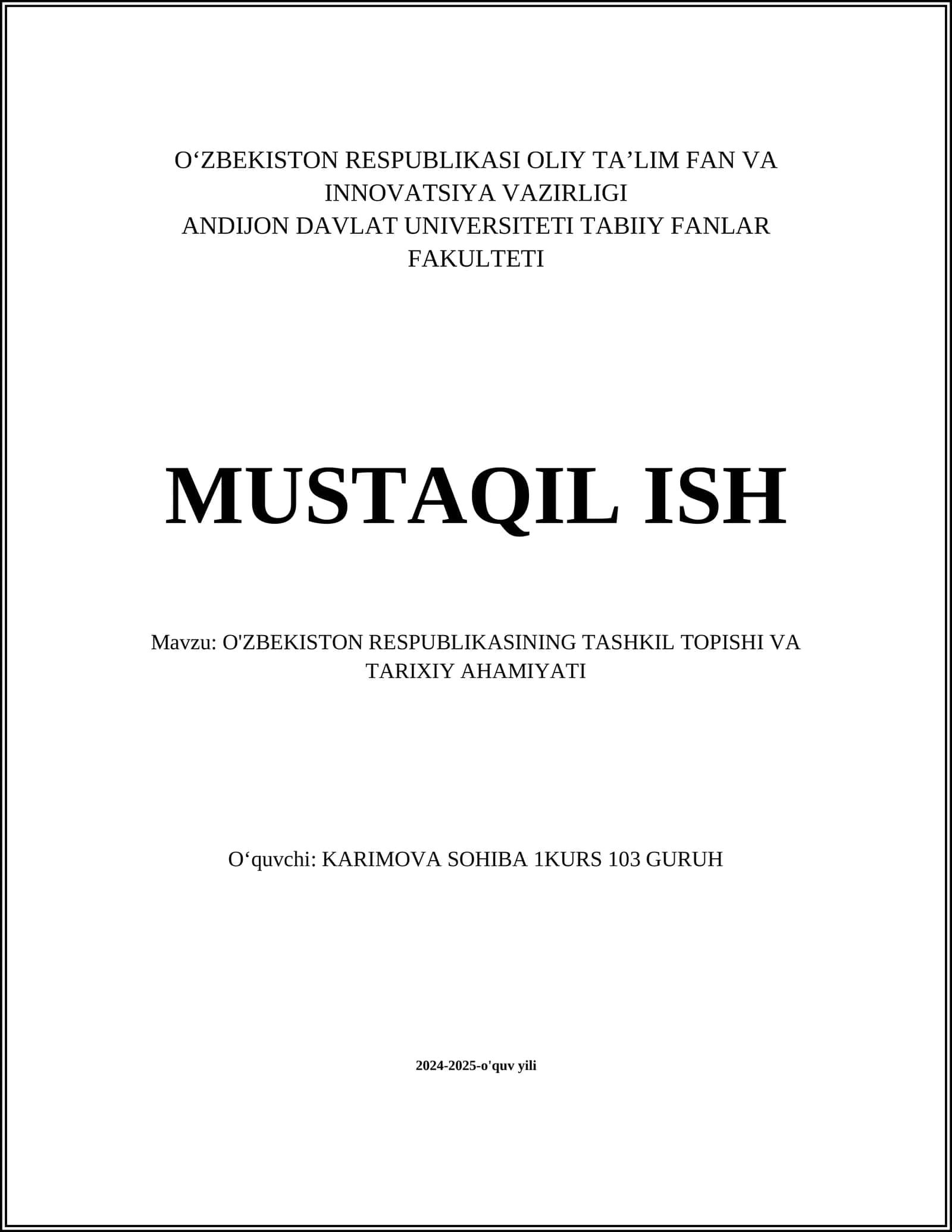 O'ZBEKISTON RESPUBLIKASINING TASHKIL TOPISHI VA TARIXIY AHAMIYATI 1