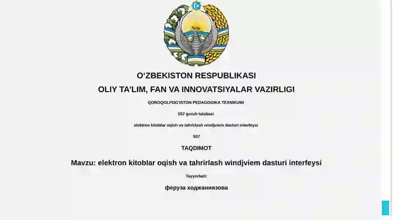 elektron kitoblar oqish va tahrirlash windjviem dasturi interfeysi