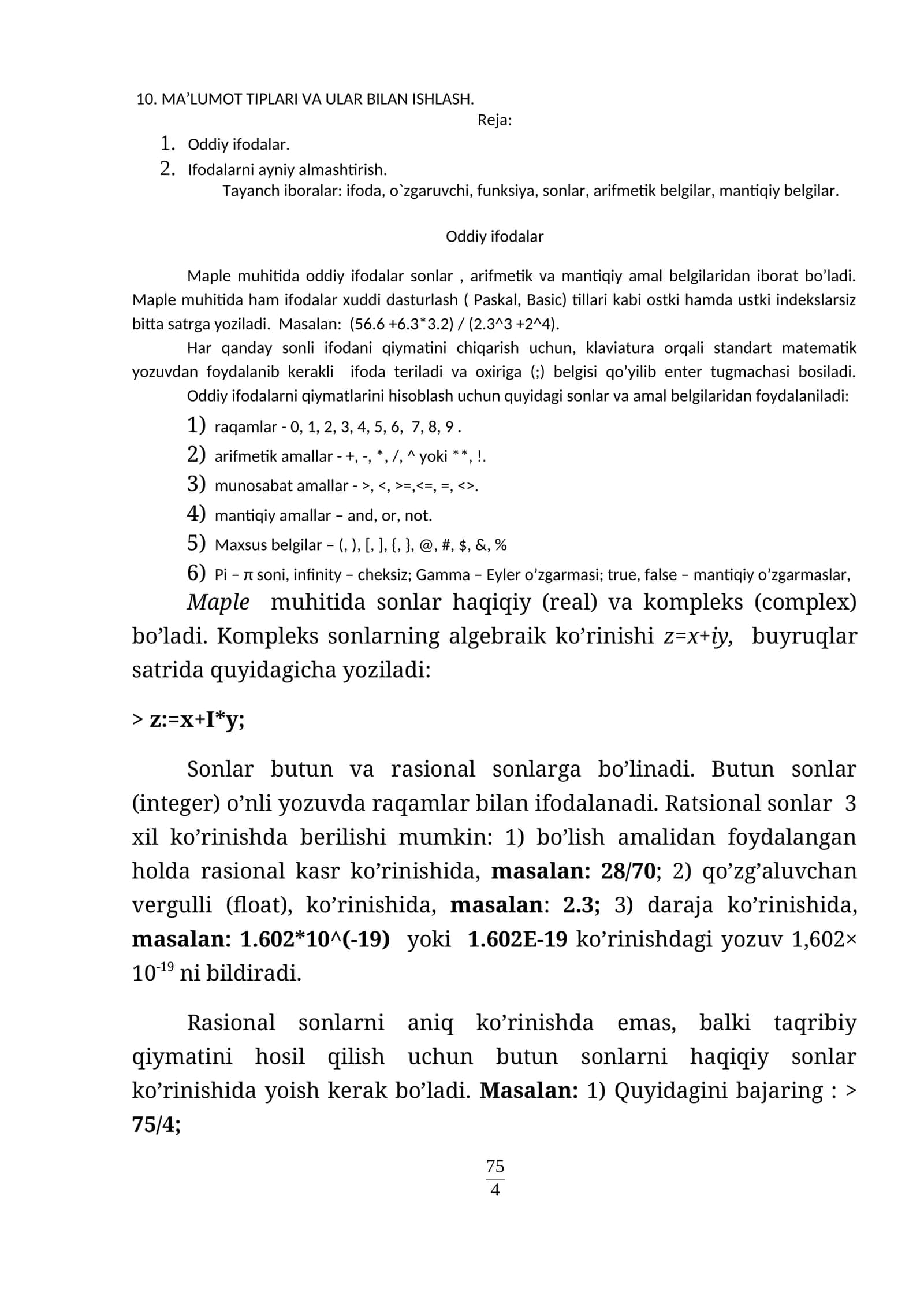 MA’LUMOT TIPLARI VA ULAR BILAN ISHLASH 1