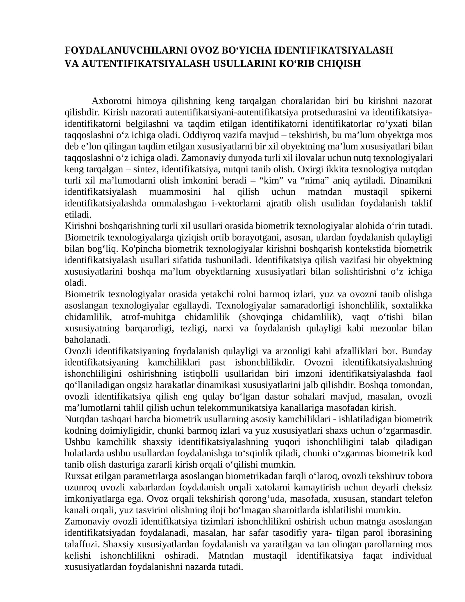 FOYDALANUVCHILARNI OVOZ BO‘YICHA IDENTIFIKATSIYALASH VA AUTENTIFIKATSIYALASH USULLARINI KO‘RIB CHIQISH 1
