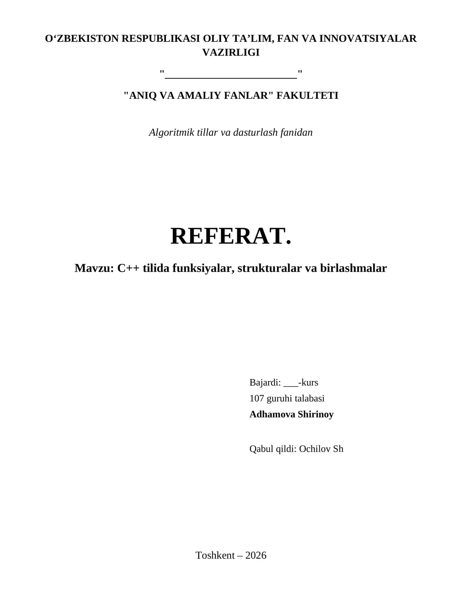 C++ tilida funksiyalar, strukturalar va birlashmalar 1