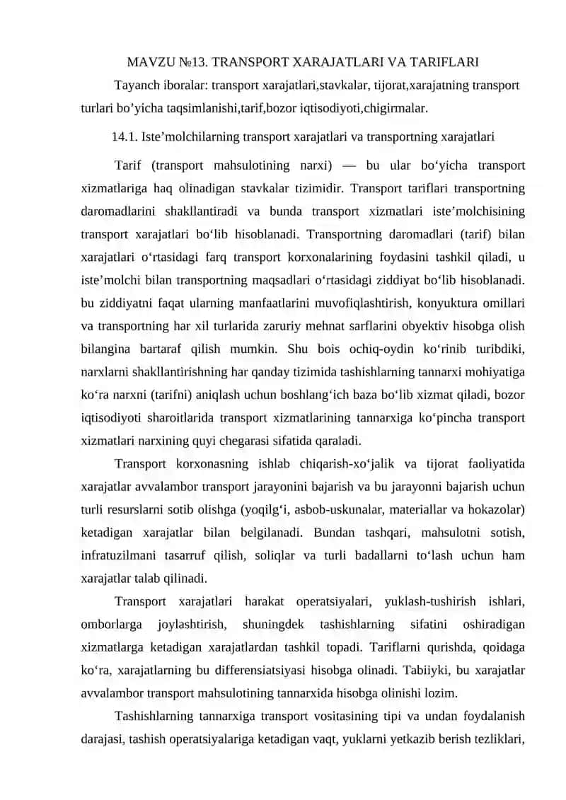 Transport Xarajatlari va Tariflari