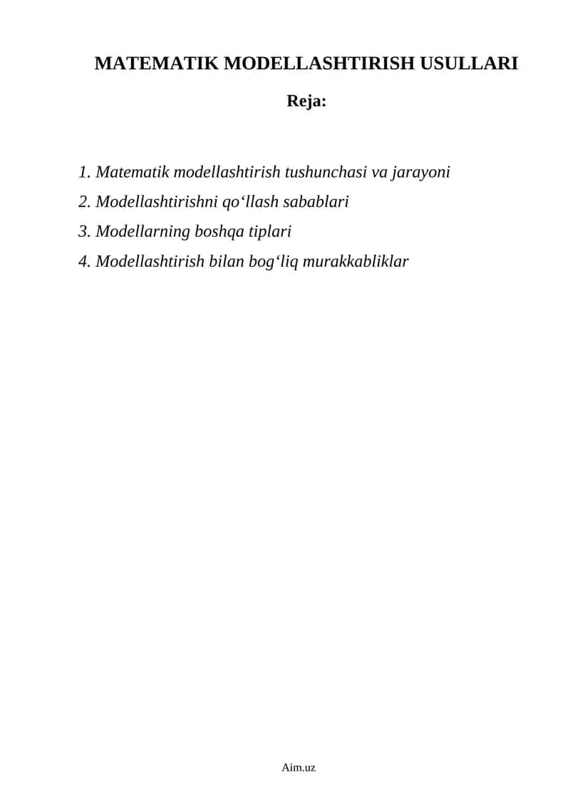 MATEMATIK MODELLASHTIRISH USULLARI 1