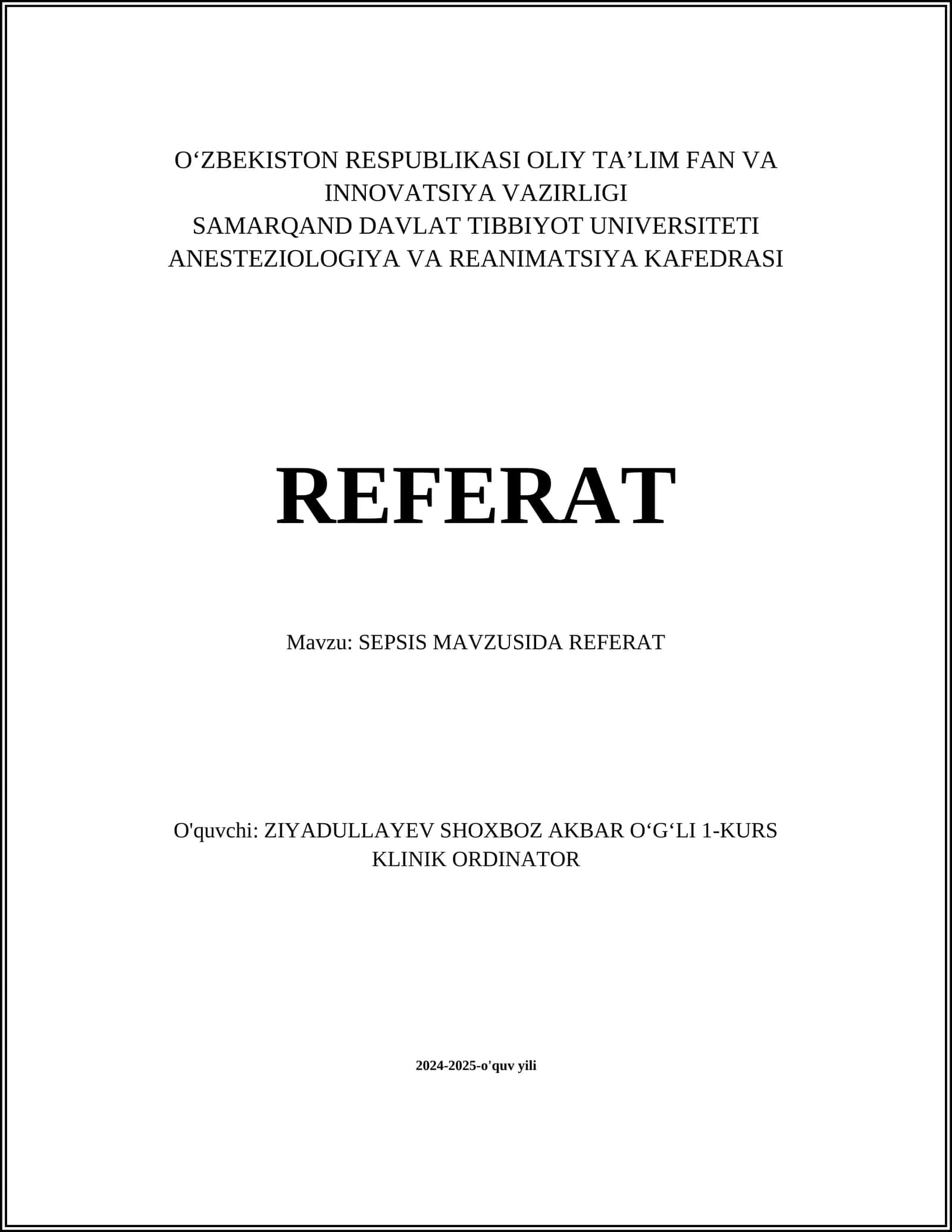 SEPSIS MAVZUSIDA REFERAT 1