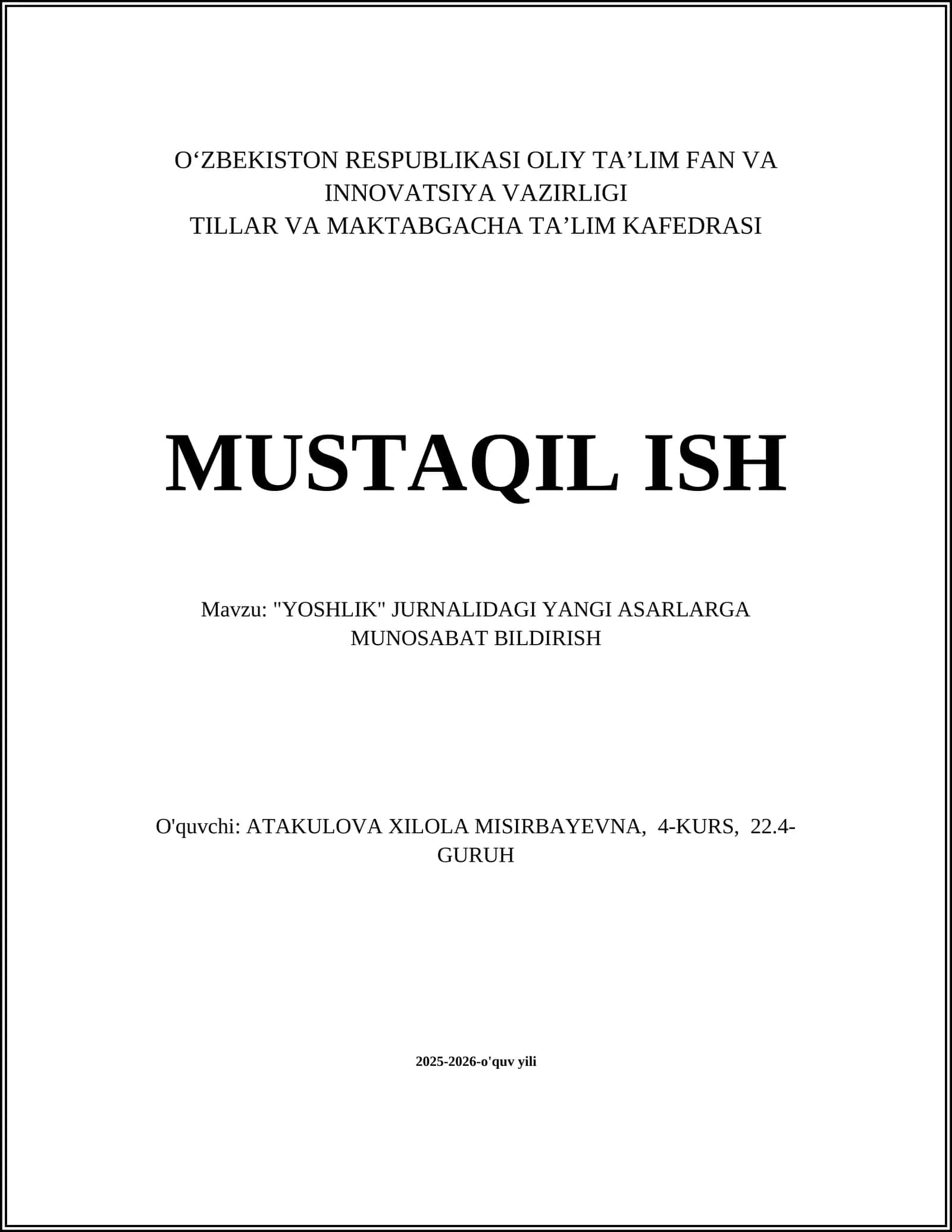 "YOSHLIK" JURNALIDAGI YANGI ASARLARGA MUNOSABAT BILDIRISH 1