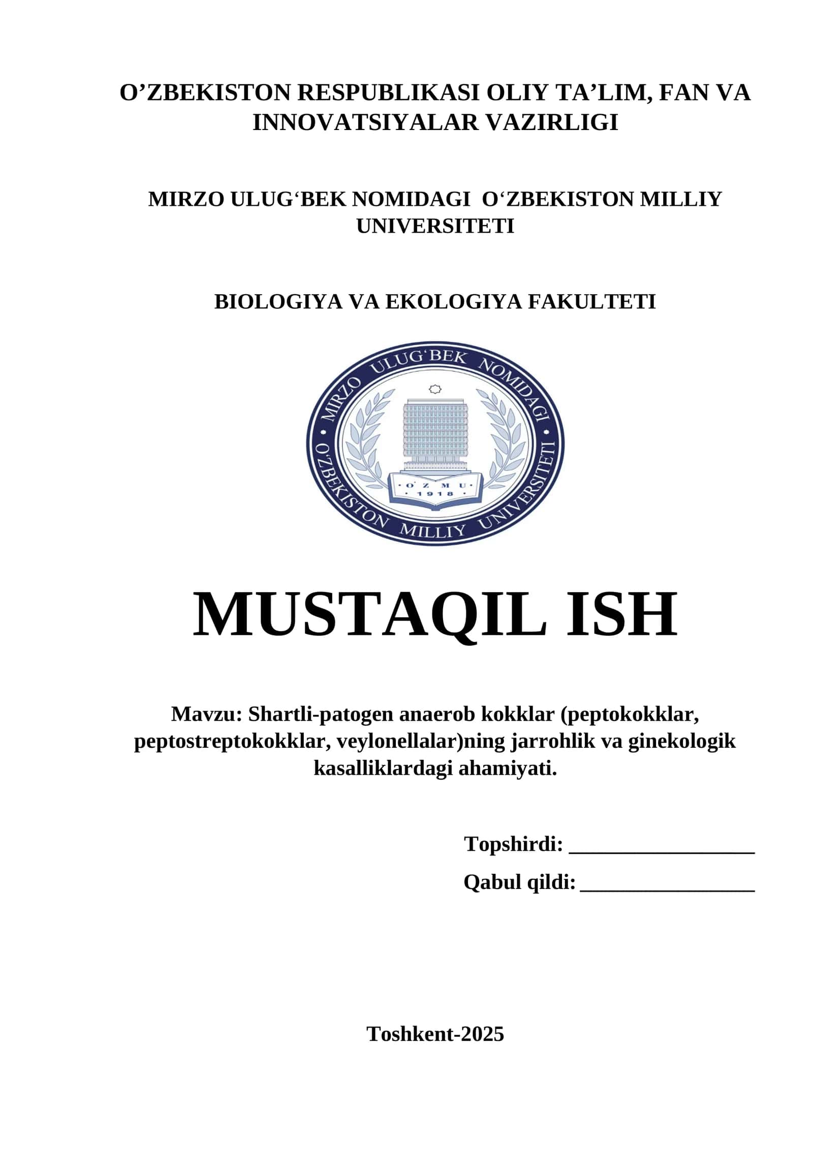 Shartli-patogen anaerob kokklar (peptokokklar, peptostreptokokklar, veylonellalar)ning jarrohlik va ginekologik kasalliklardagi ahamiyati. 1
