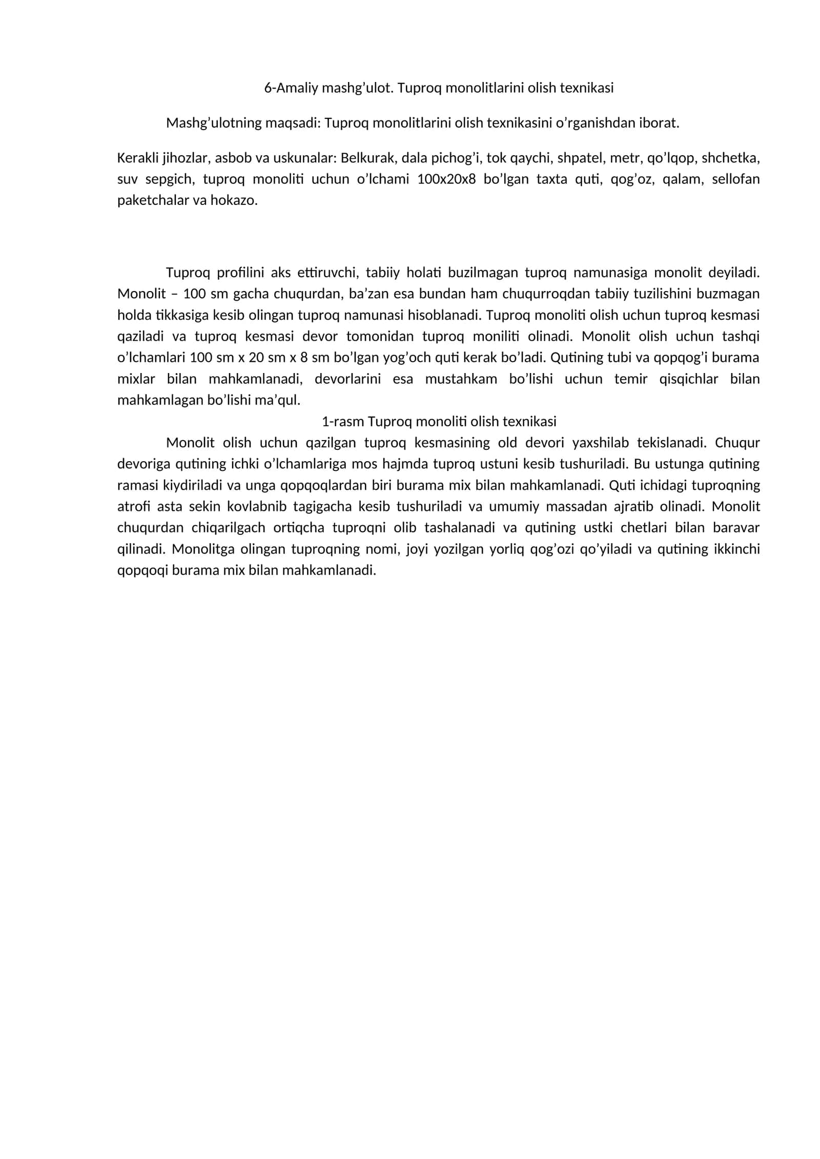 Tuproq monolitlarini olish texnikasi 1