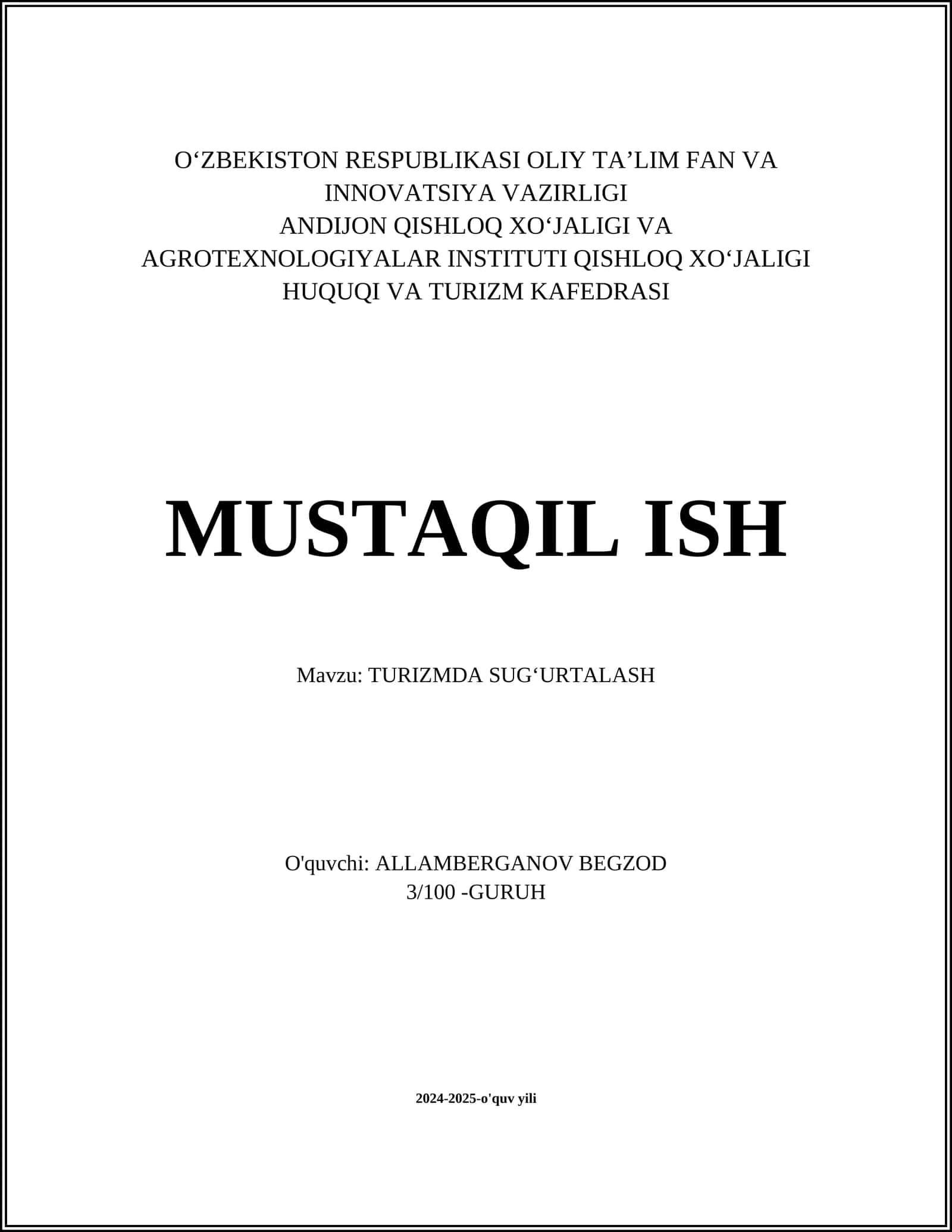 MUSTAQIL ISH - TURIZMDA SUG'URTALASH 1