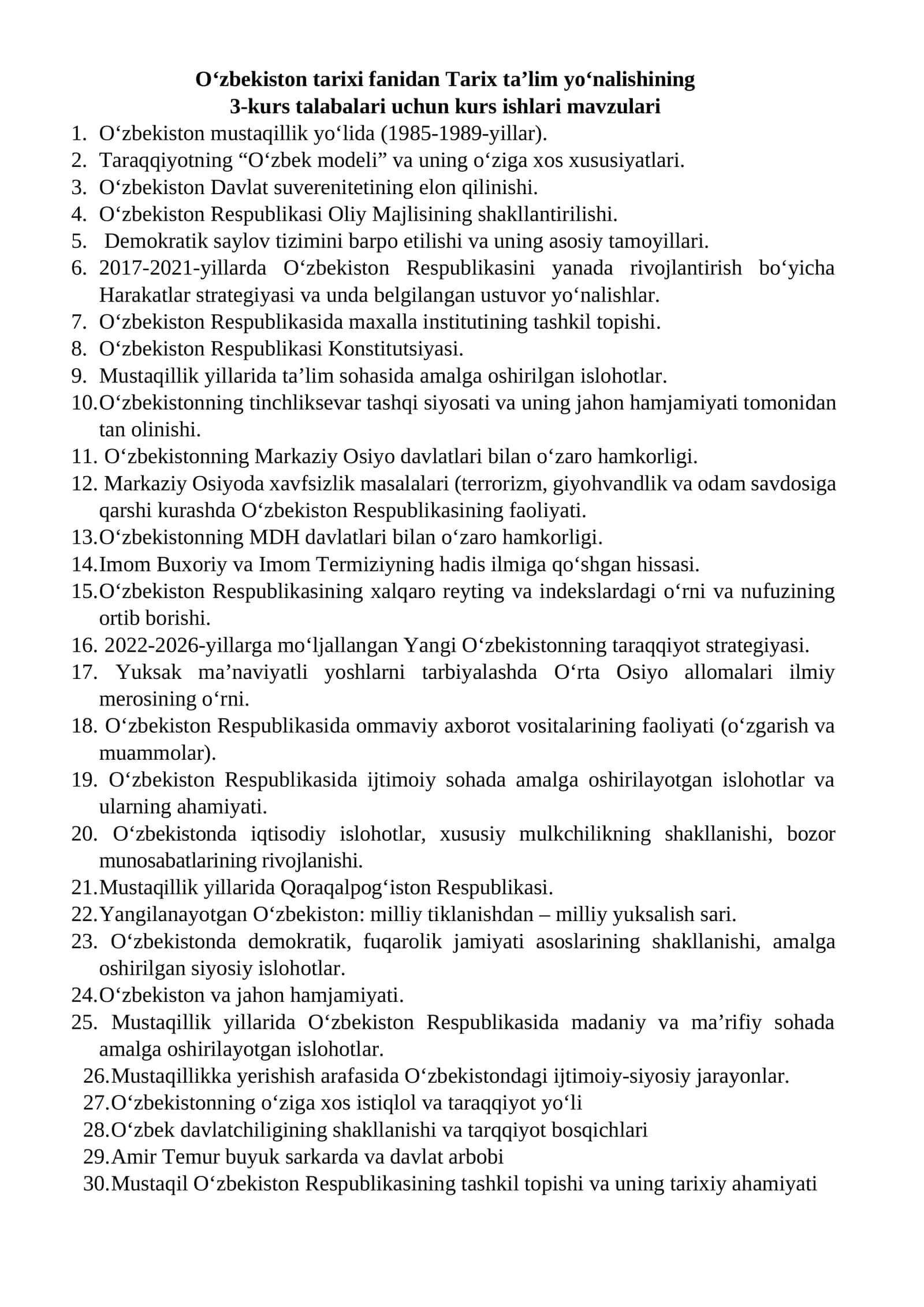 Oʻzbekiston tarixi fanidan Tarix taʼlim yoʻnalishining 3-kurs talabalari uchun kurs ishlari 1