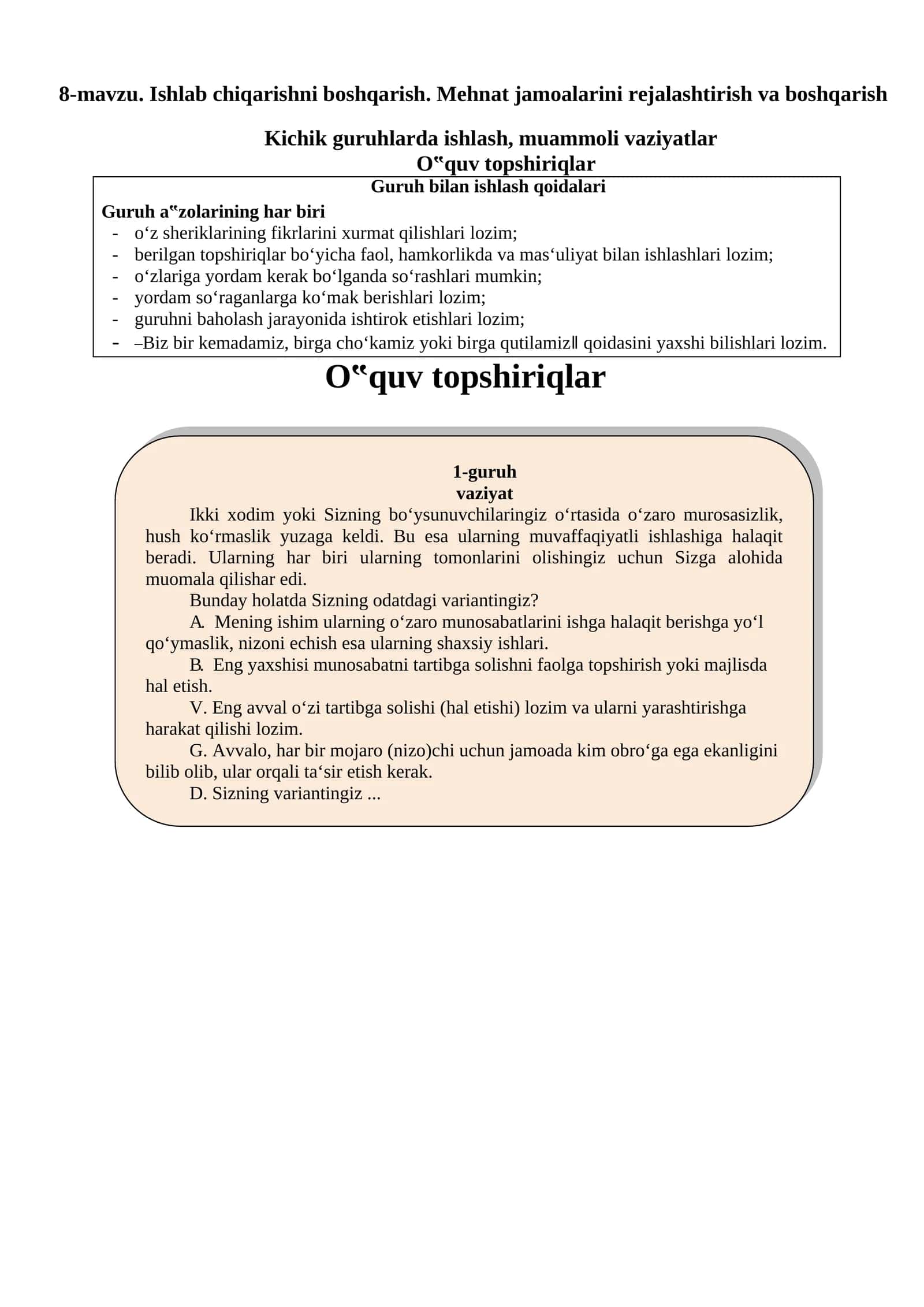 Guruh bilan ishlash qoidalari va muammoli vaziyatlar 1